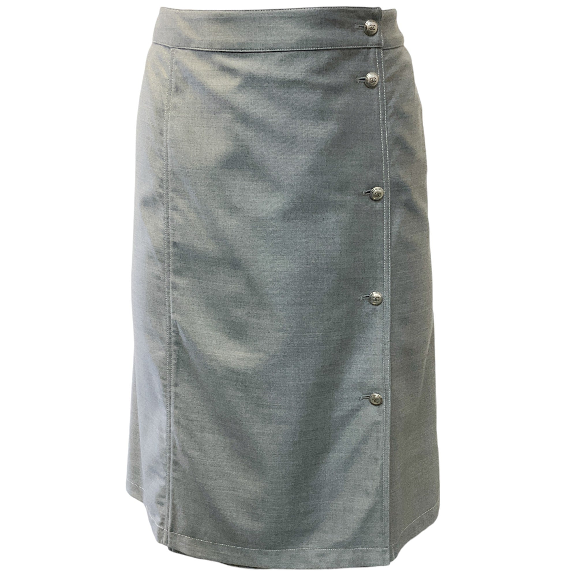 Chanel Silver Grey Wool and Silk Skirt with Buttons
