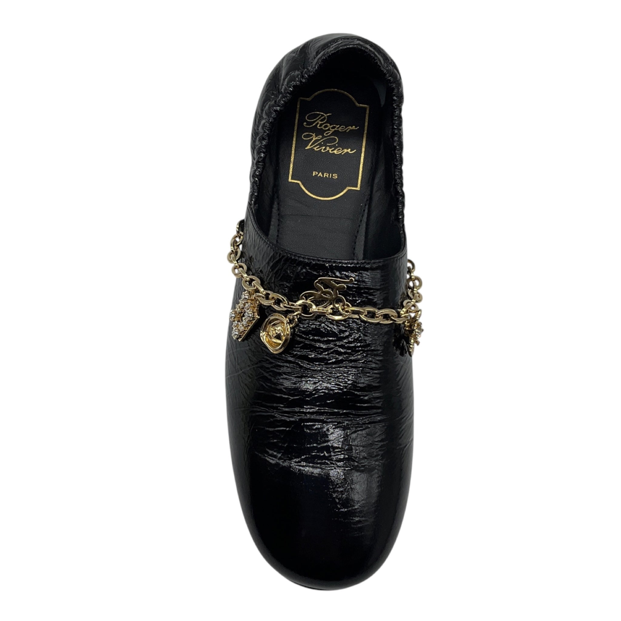 Roger Vivier Black Crinkled Patent Leather Flats with Gold Charm Embellished Chain