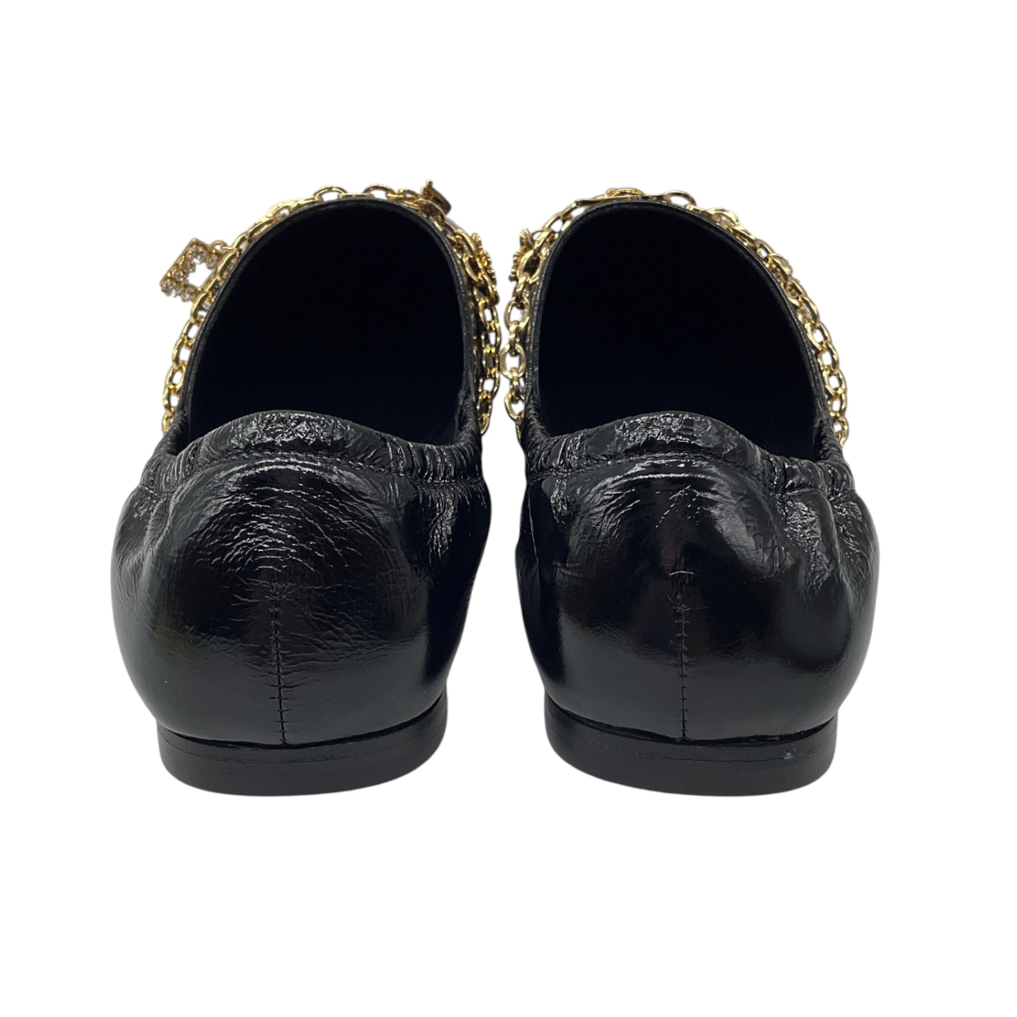 Roger Vivier Black Crinkled Patent Leather Flats with Gold Charm Embellished Chain