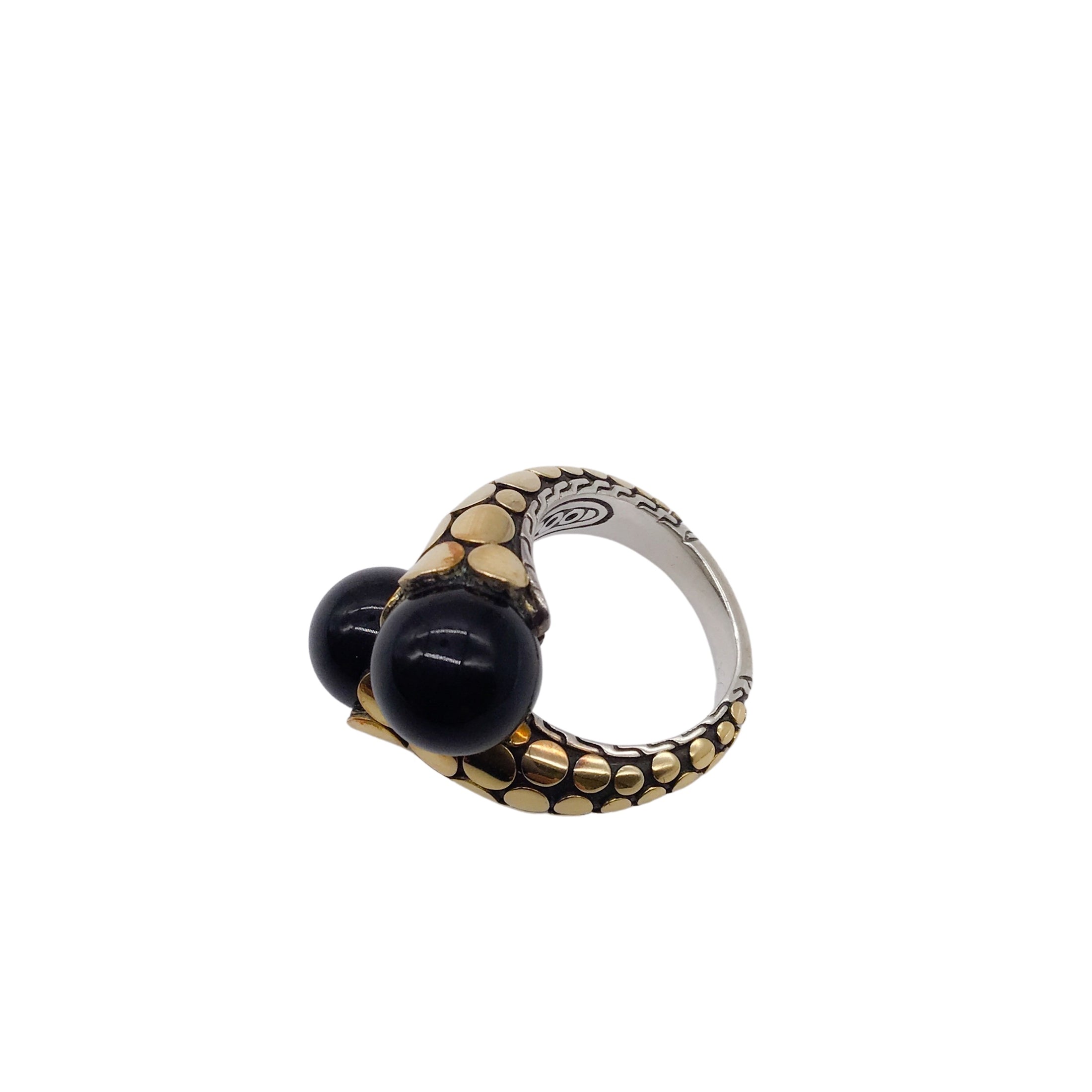 John Hardy Onyx 925 Sterling Silver and 18K Gold Bypass Ring
