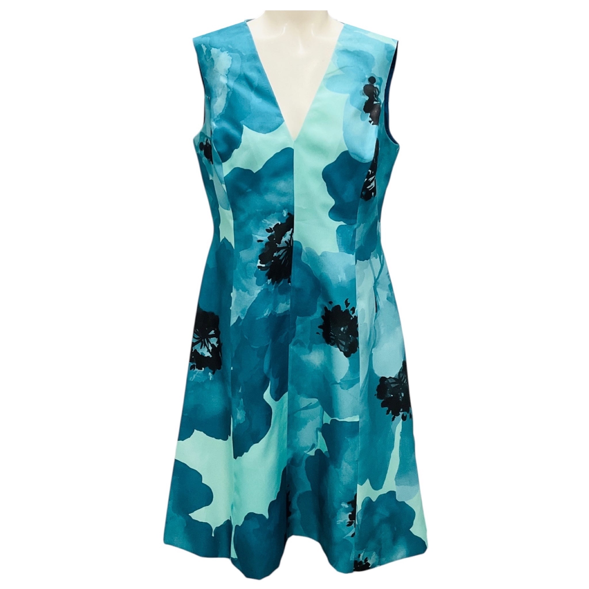 Lela Rose Turquoise Floral Printed Sleeveless V-Neck Silk Cocktail Dress
