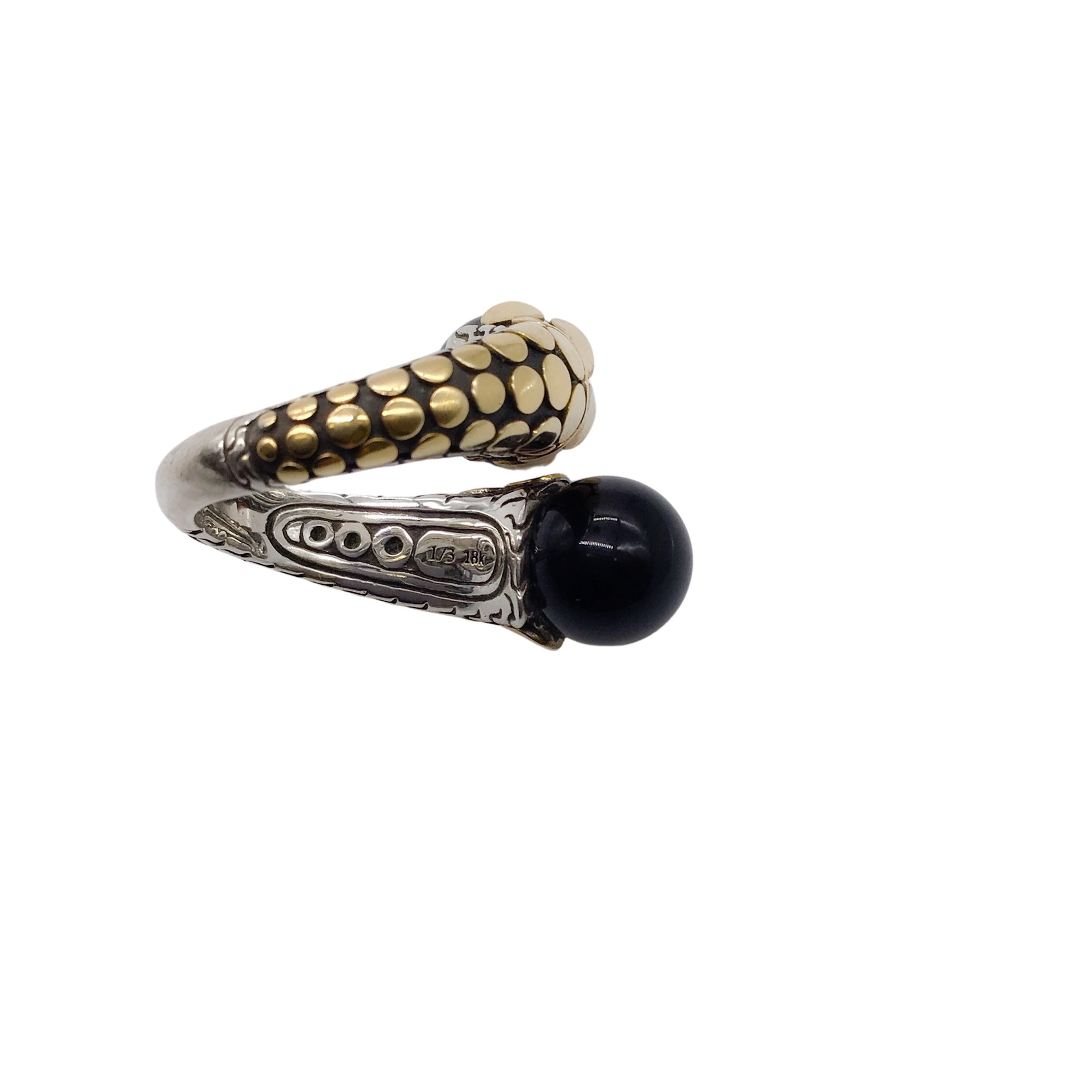 John Hardy Onyx 925 Sterling Silver and 18K Gold Bypass Ring