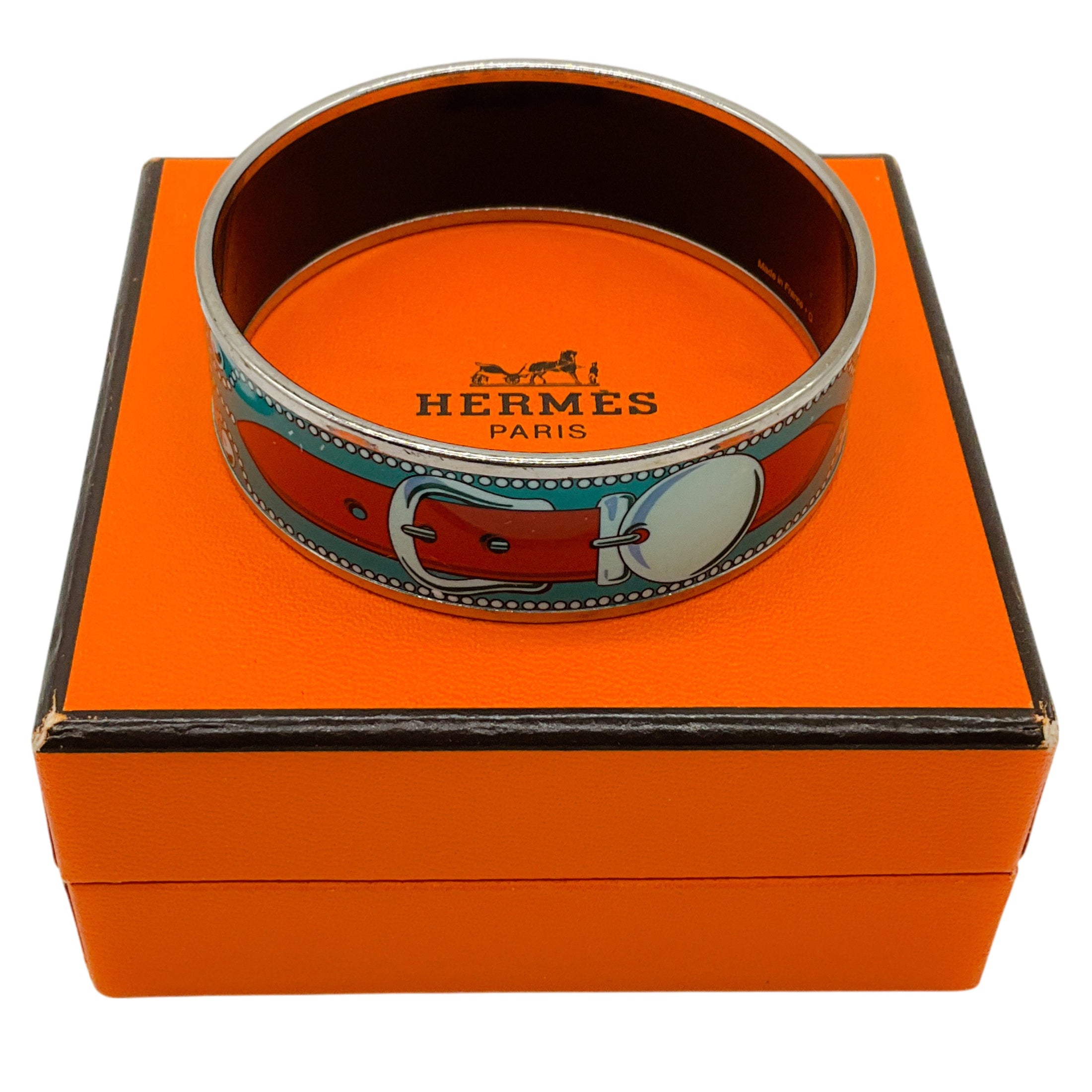 Hermes Blue Belt Motif Enamel Gold Plated Wide Bangle Bracelet