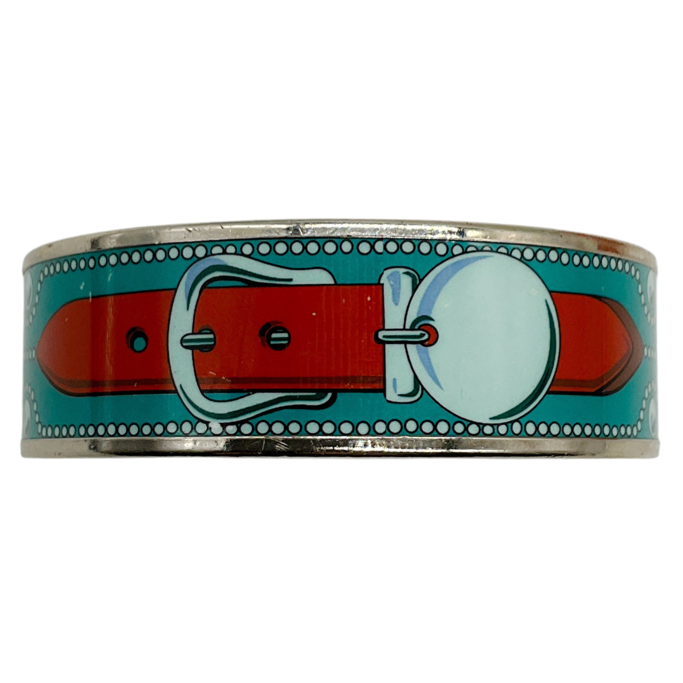 Hermes Blue Belt Motif Enamel Gold Plated Wide Bangle Bracelet