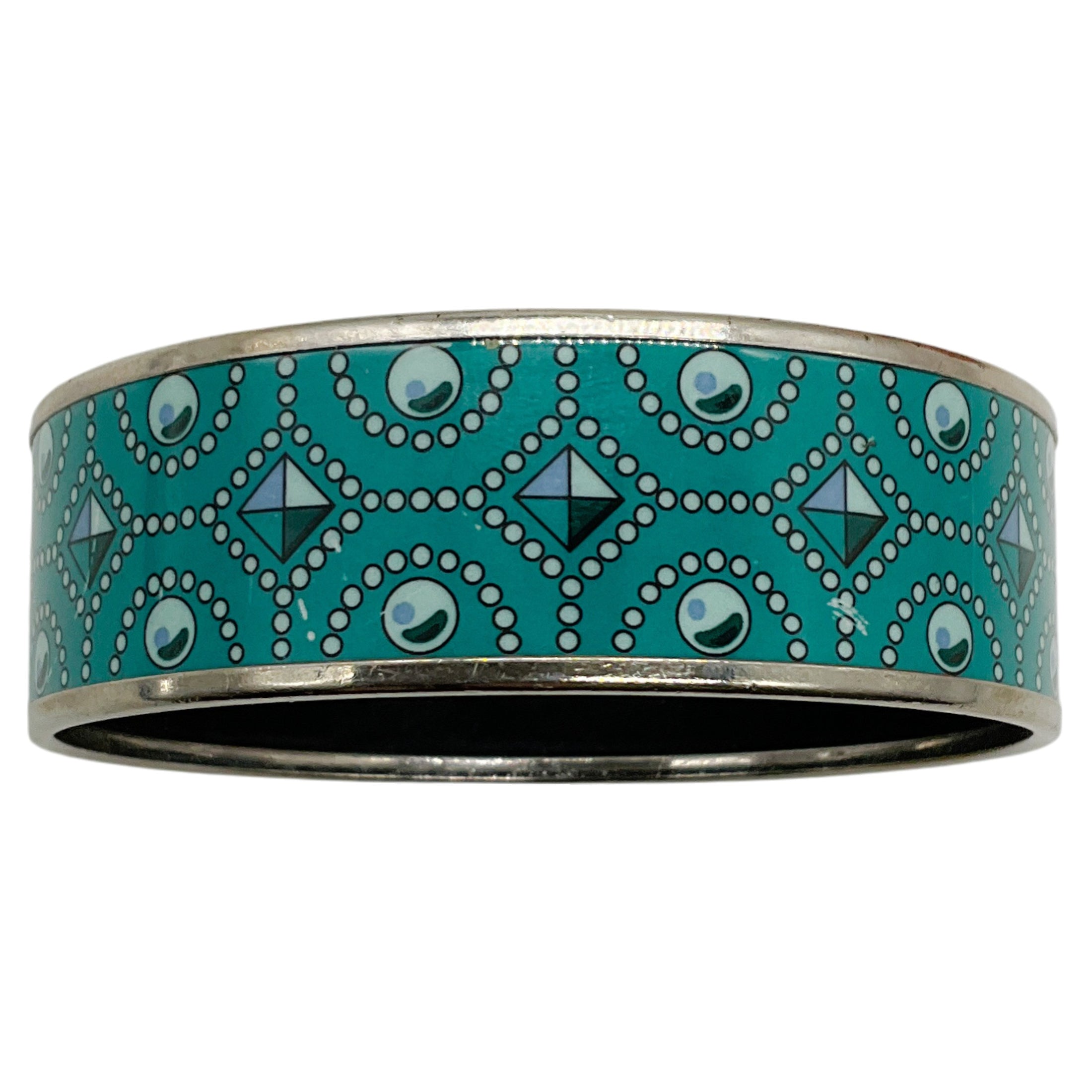 Hermes Blue Belt Motif Enamel Gold Plated Wide Bangle Bracelet