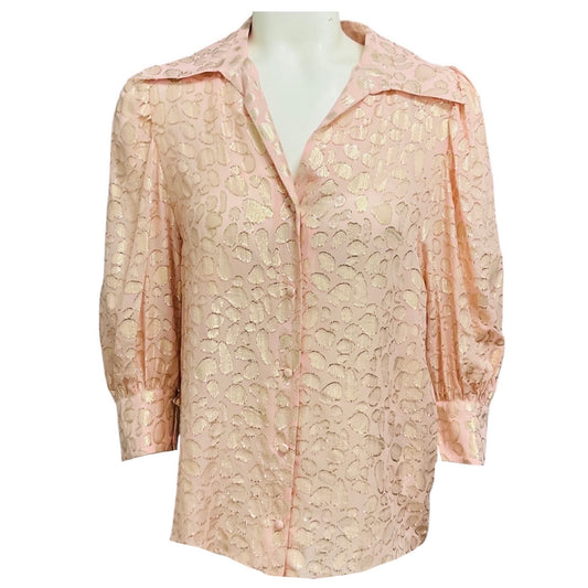 Stella McCartney Light Pink / Gold Metallic Lurex Detail Leopard Print Silk Blouse
