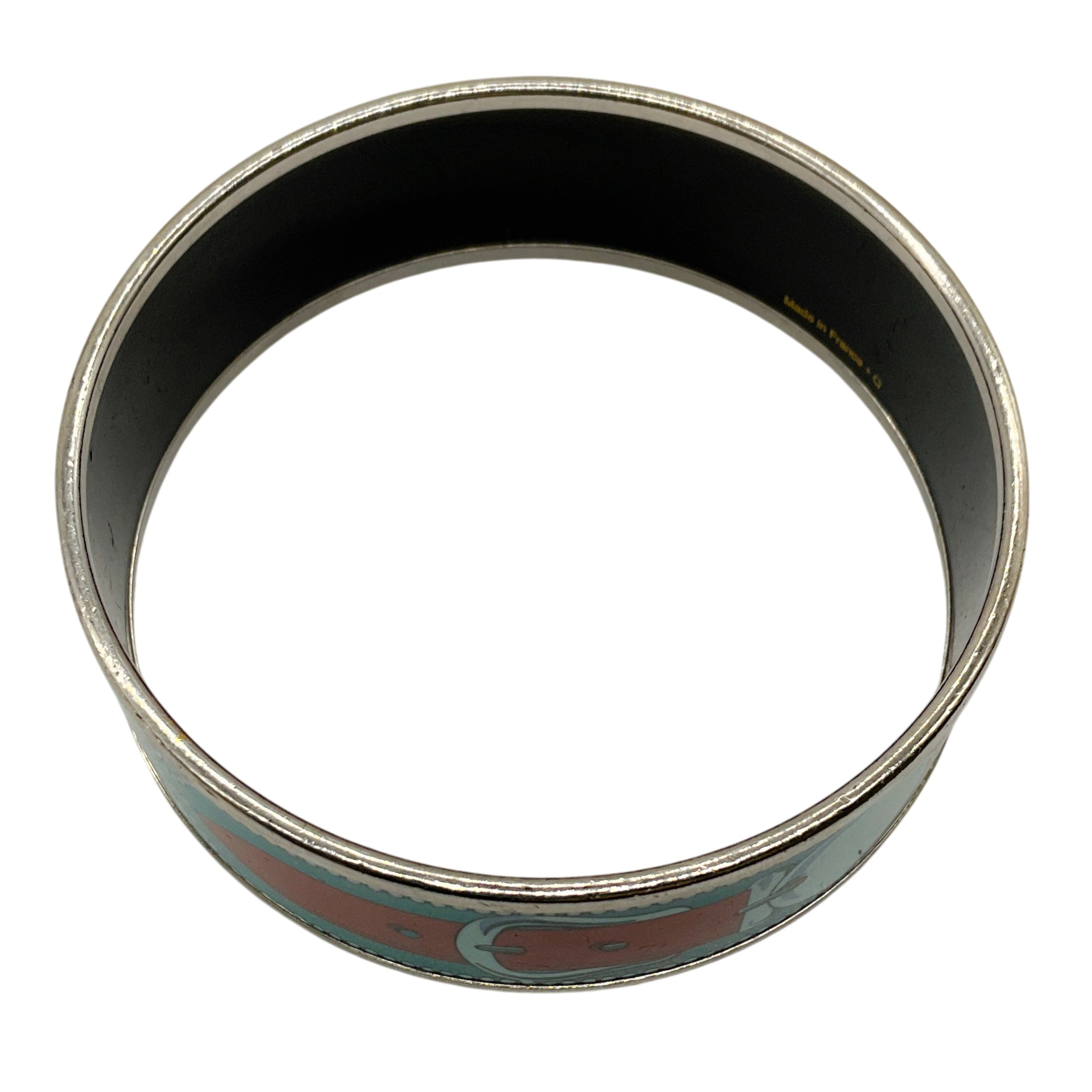 Hermes Blue Belt Motif Enamel Gold Plated Wide Bangle Bracelet