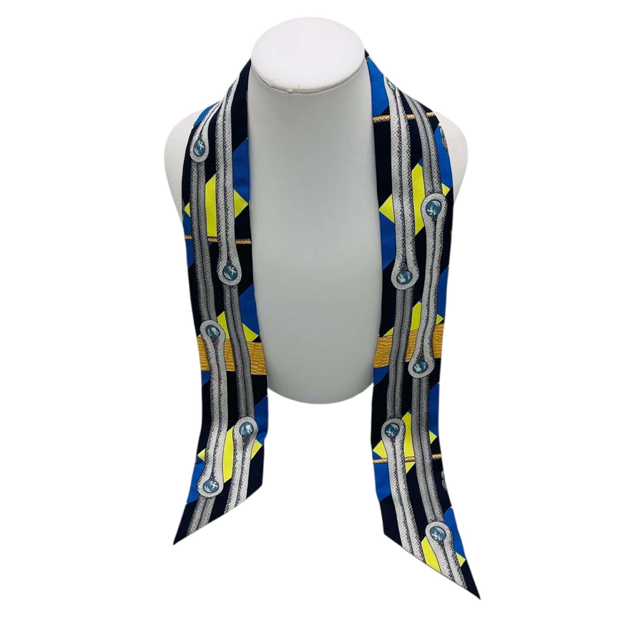 Hermes Blue Multi Les Brandebourgs Print Silk Twilly Scarf