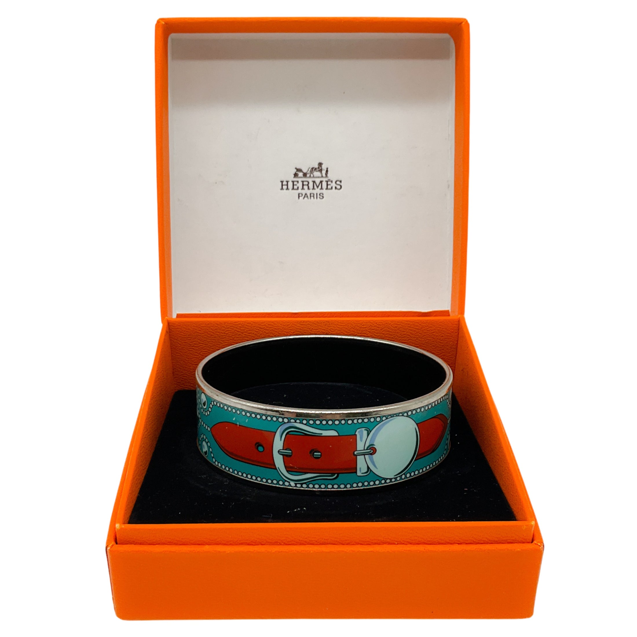 Hermes Blue Belt Motif Enamel Gold Plated Wide Bangle Bracelet

