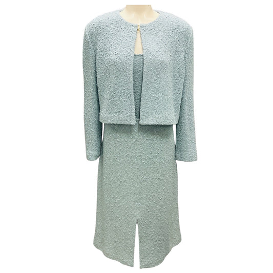 St. John Light Blue / Silver Metallic Knit Jacket and Dress Suit Set
