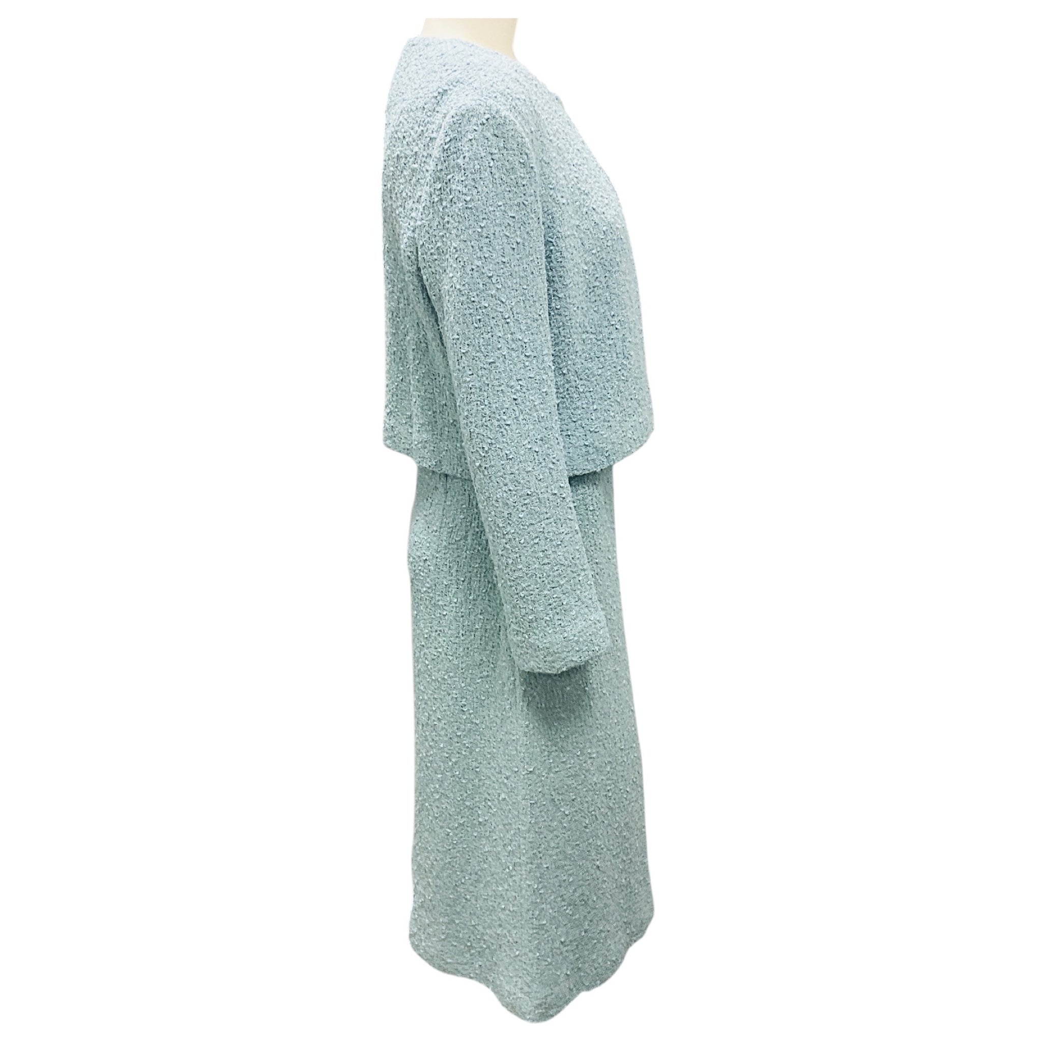 St. John Light Blue / Silver Metallic Knit Jacket and Dress Suit Set
