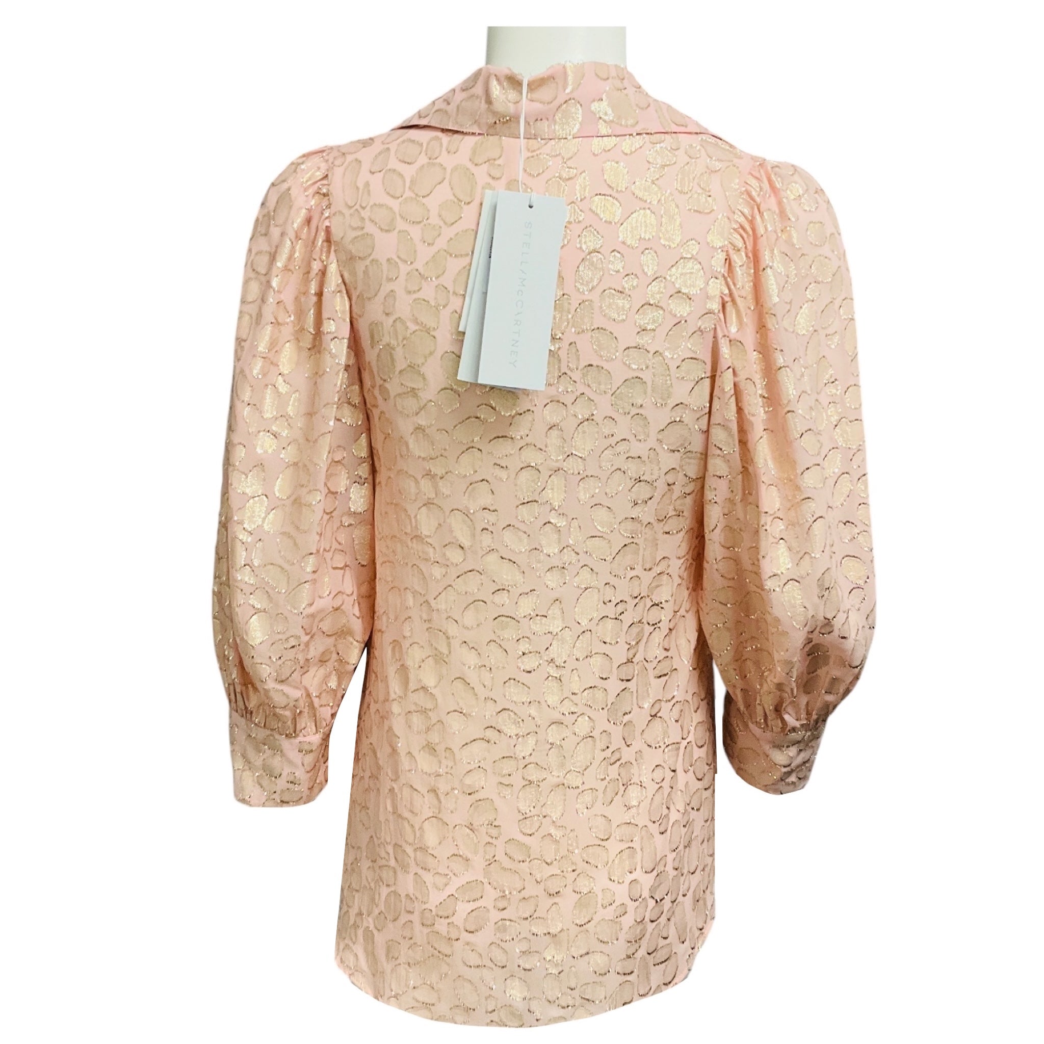 Stella McCartney Light Pink / Gold Metallic Lurex Detail Leopard Print Silk Blouse