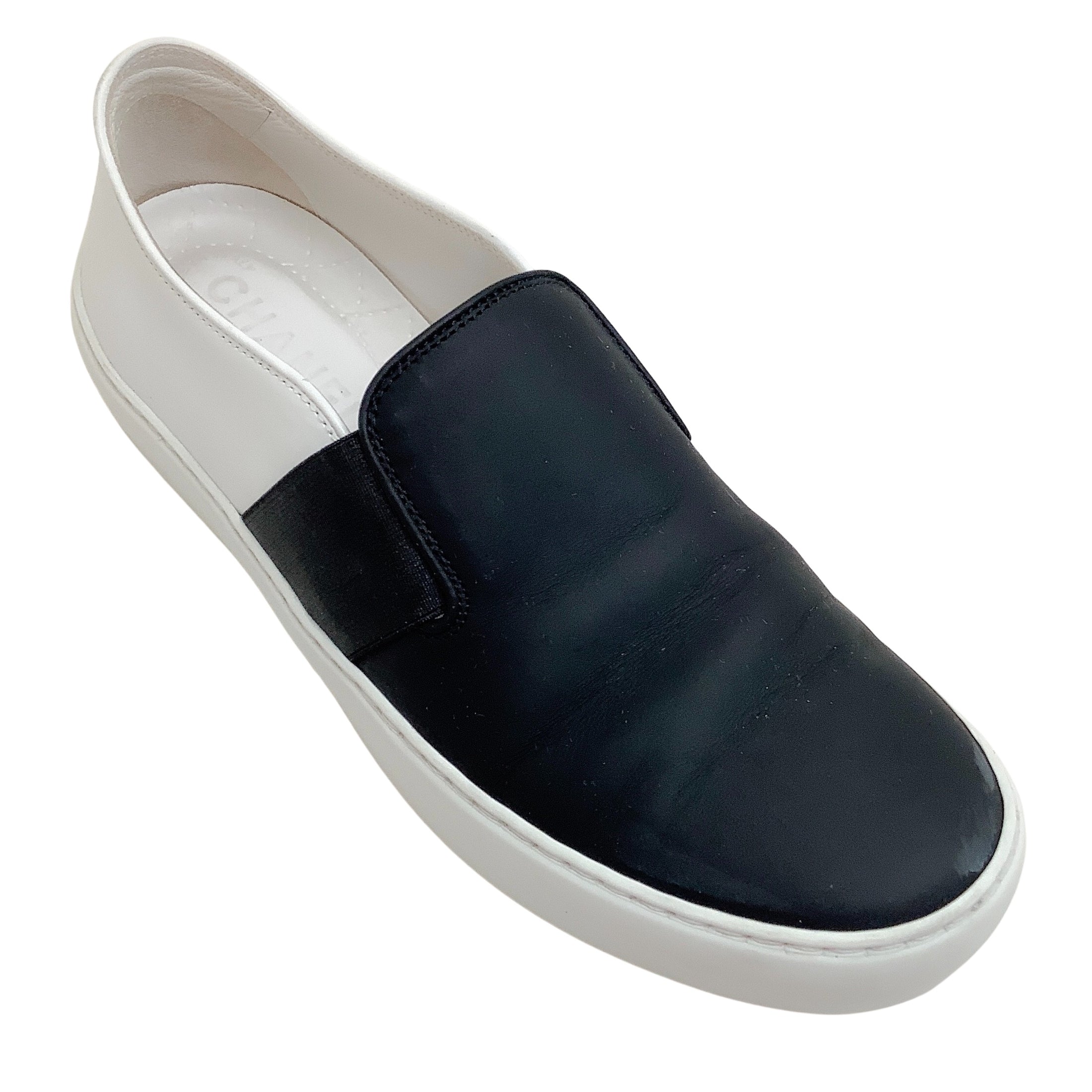 Chanel Black Satin / White Leather Slip On Sneakers