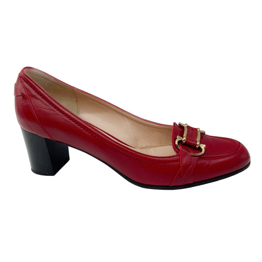 Salvatore Ferragamo Red / Gold Buckle Leather Loafer Pumps