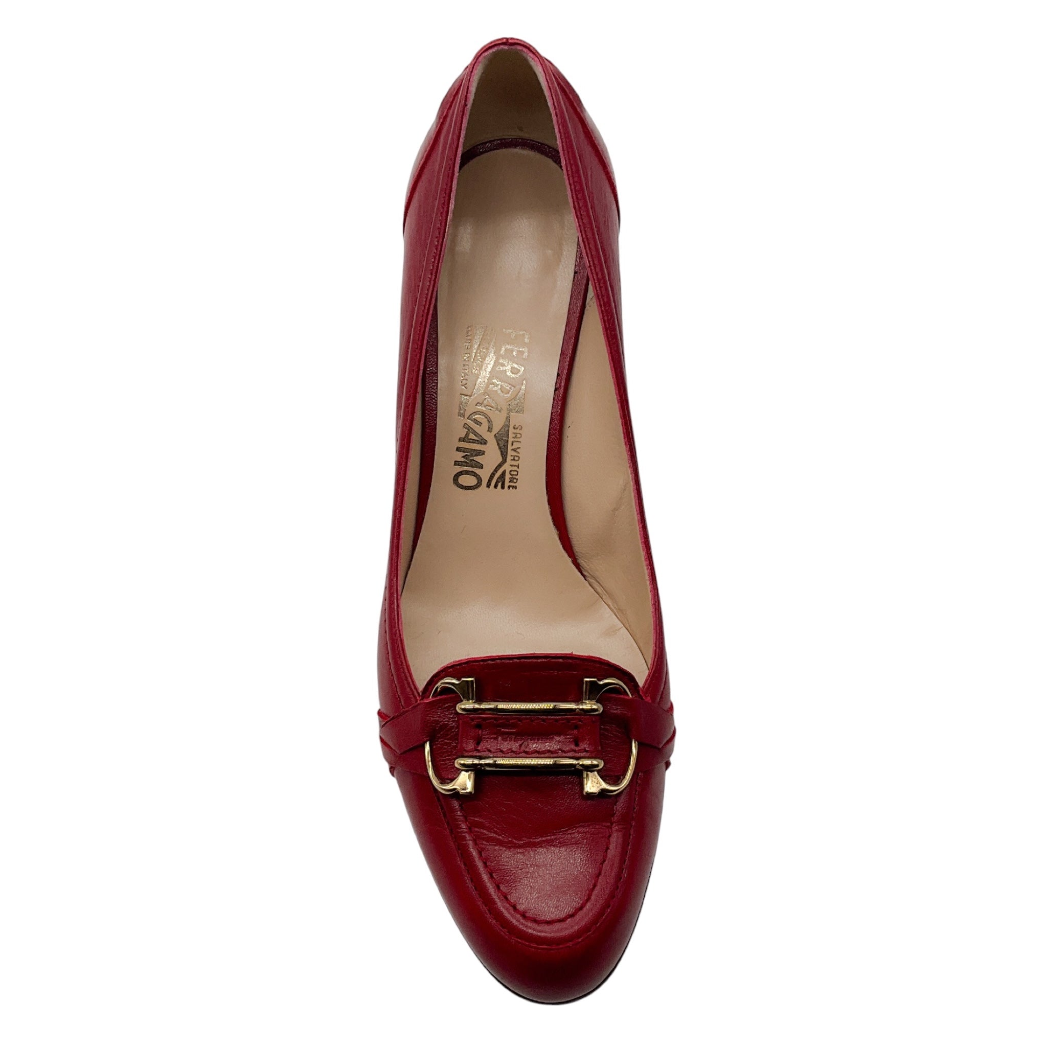 Salvatore Ferragamo Red / Gold Buckle Leather Loafer Pumps