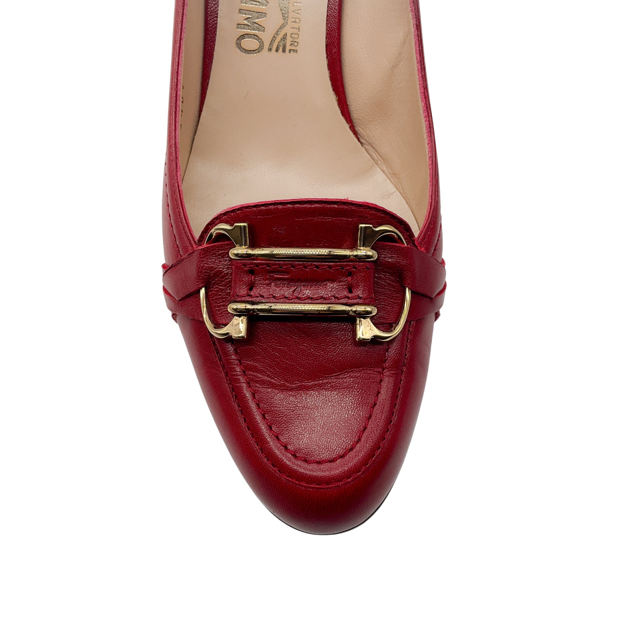 Salvatore Ferragamo Red / Gold Buckle Leather Loafer Pumps