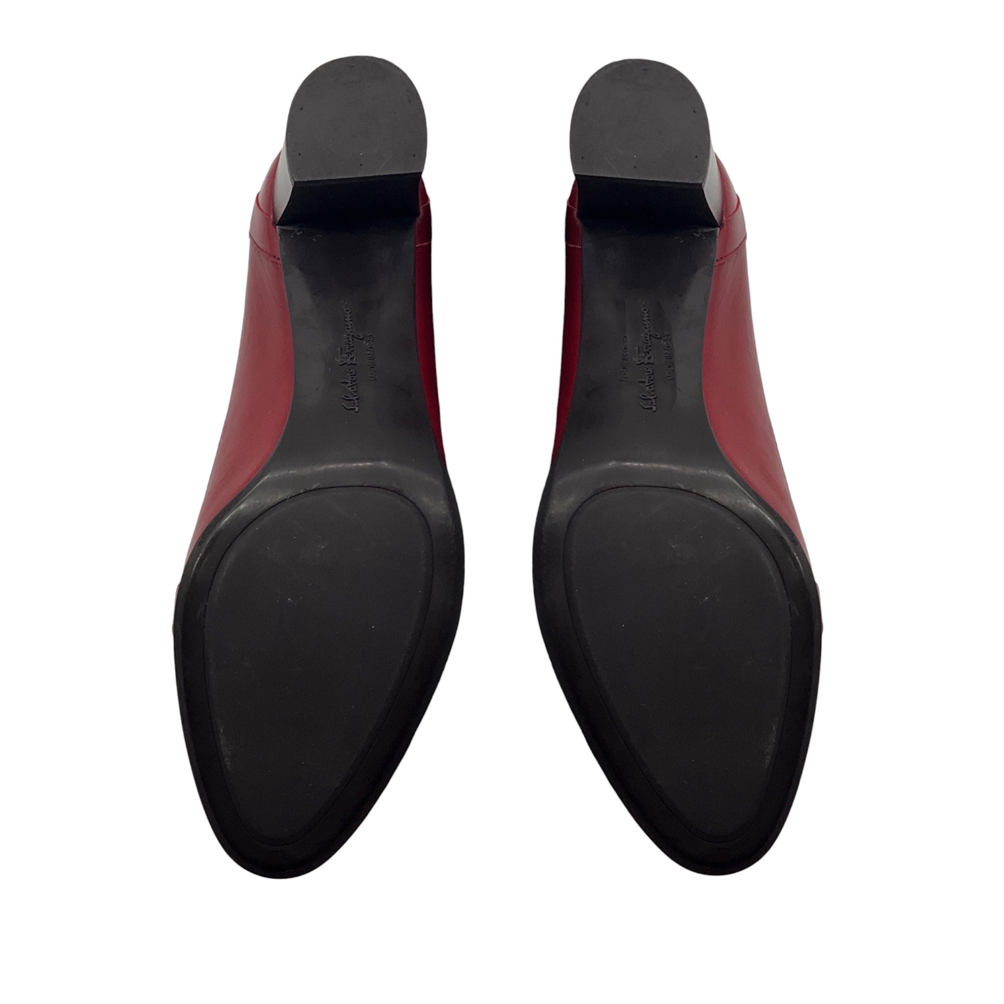 Salvatore Ferragamo Red / Gold Buckle Leather Loafer Pumps