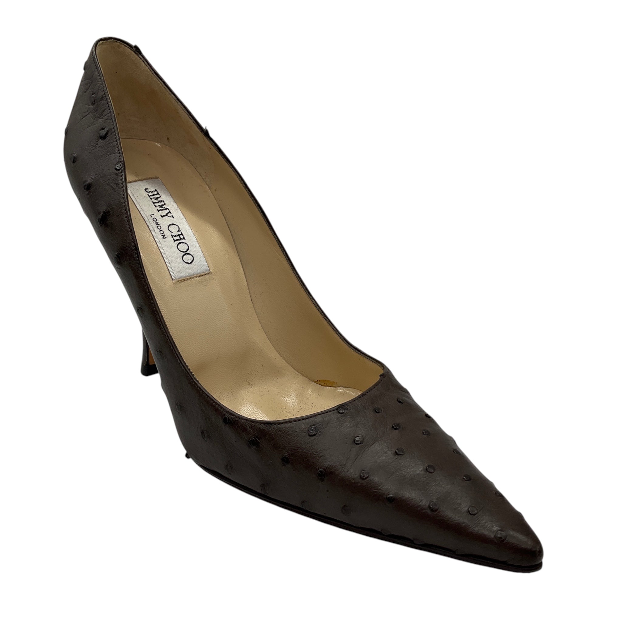 Jimmy Choo Brown Ostrich Skin Leather Embossed Pointed Toe Pumps