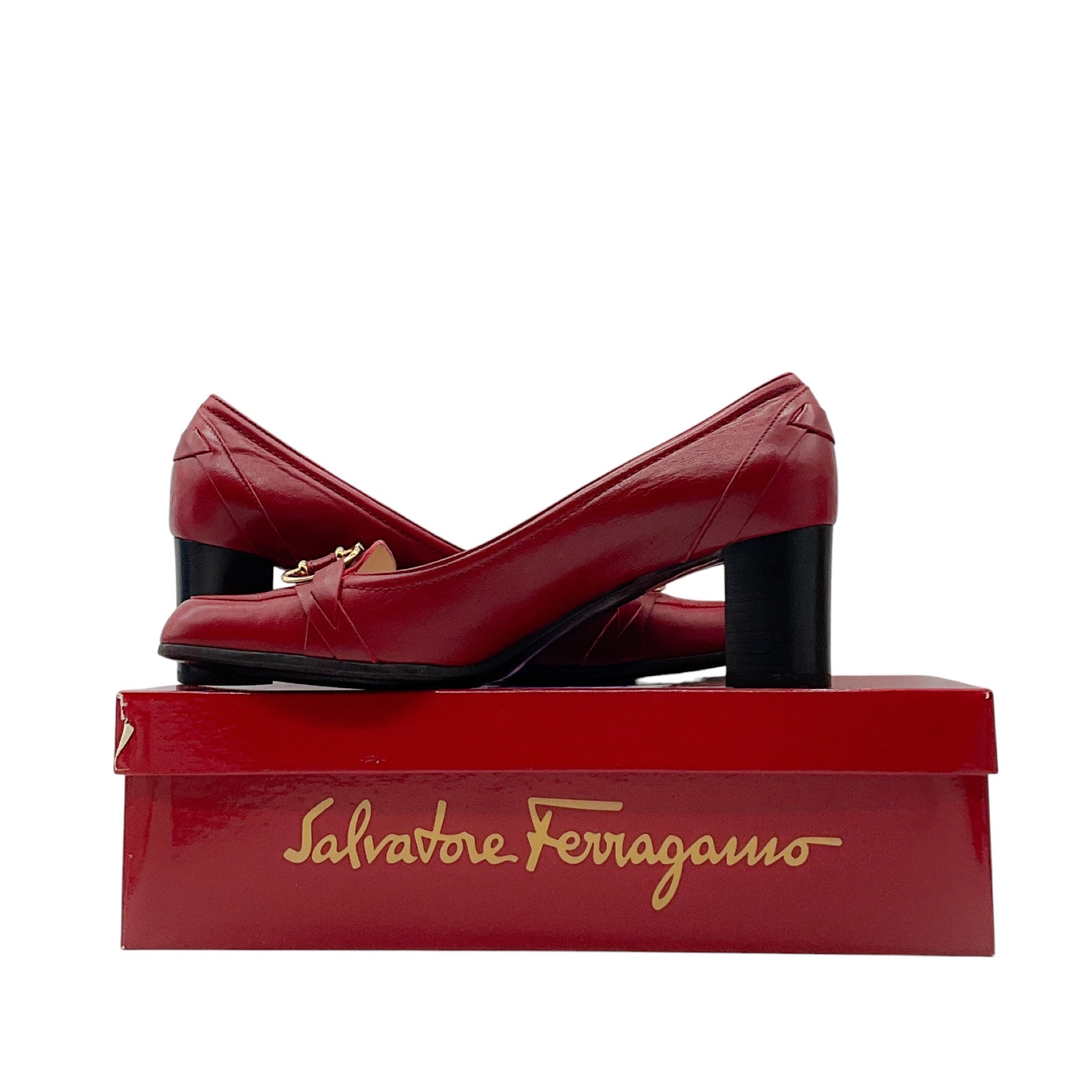 Salvatore Ferragamo Red / Gold Buckle Leather Loafer Pumps