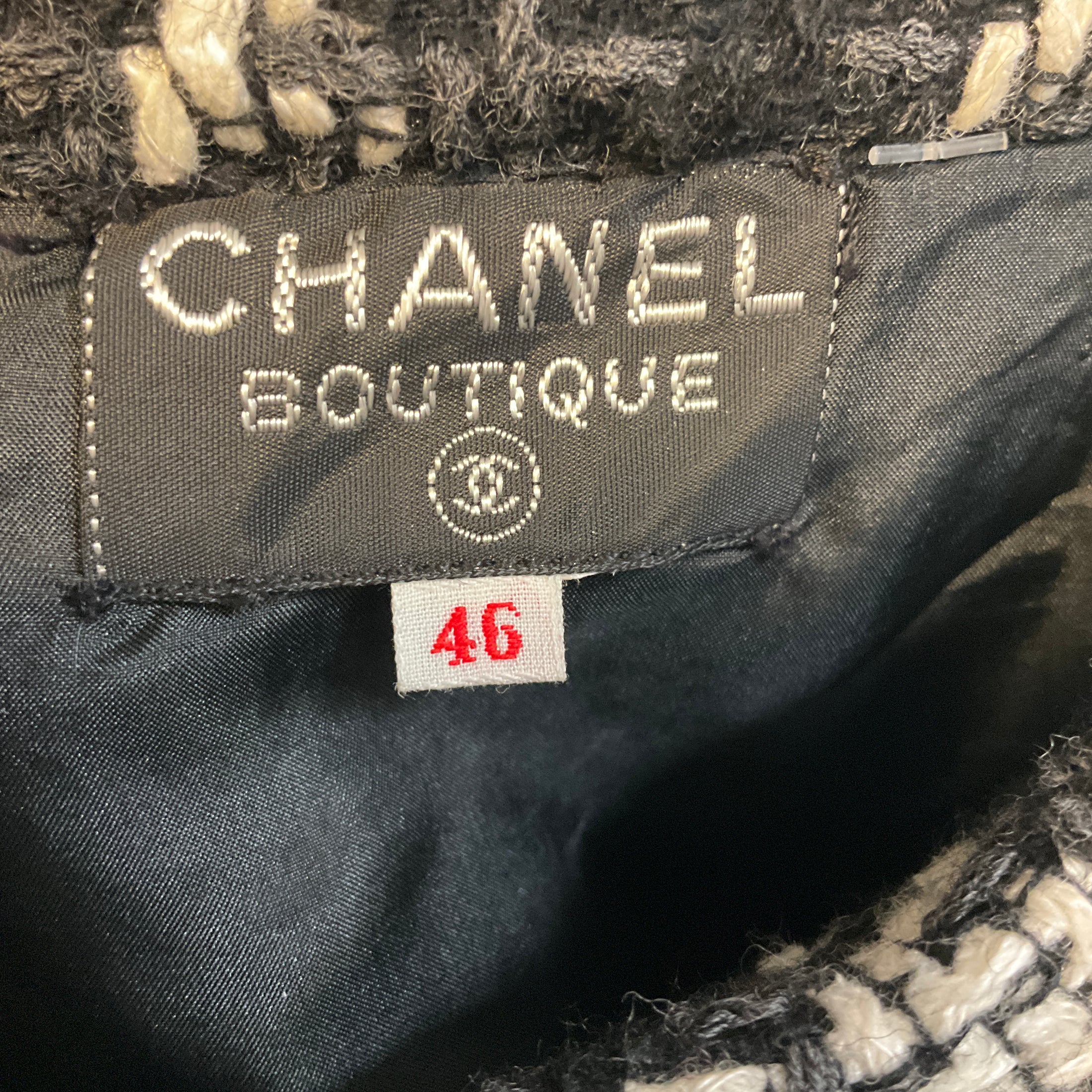 Chanel Boutique Vintage Black / White / Charcoal Grey Tweed Jacket and Skirt Set