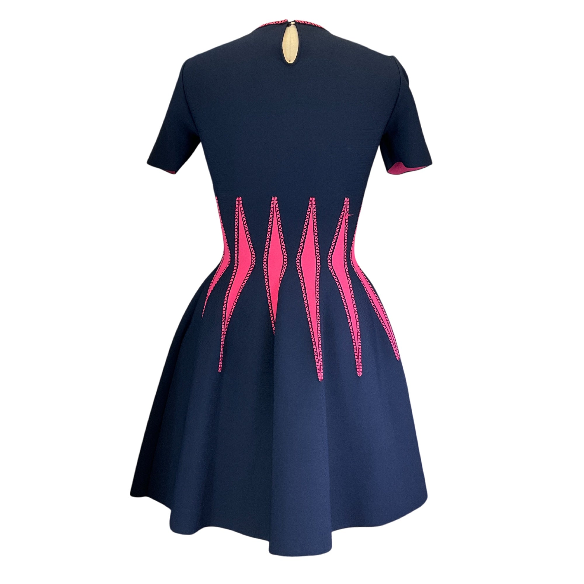 Alexander McQueen Navy Blue / Hot Pink 2017 Short Sleeved Diamond Knit Dress