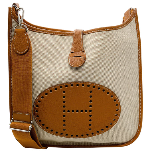 Hermes Beige / Cognac Toile / Clemence Leather Evelyne III GM
