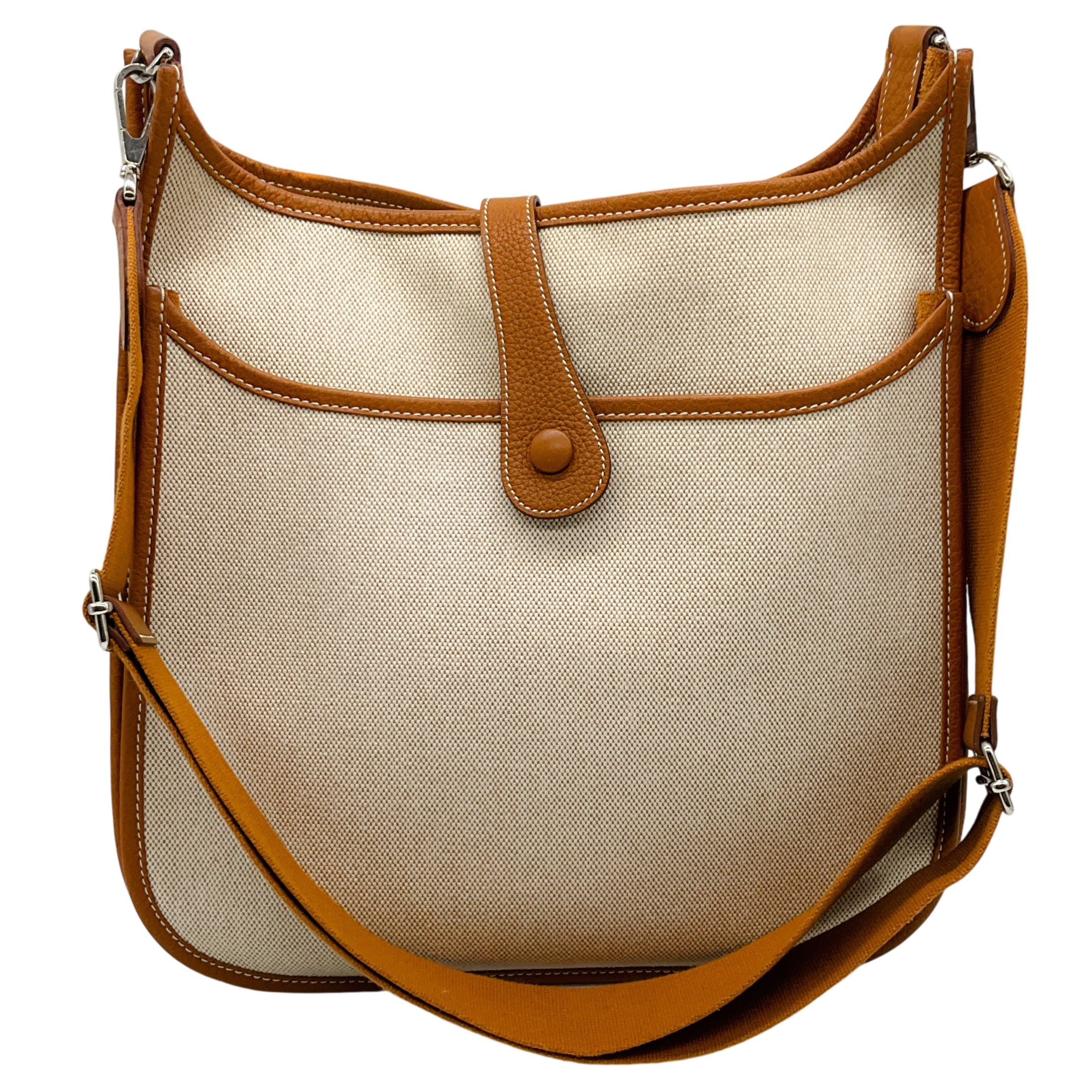 Hermes Beige / Cognac Toile / Clemence Leather Evelyne III GM