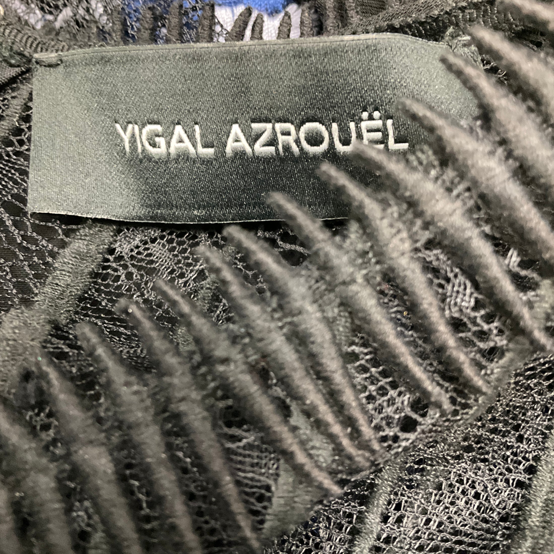 Yigal Azrouel Black / Blue Multi Long Sleeved Embroidered Lace Midi Cocktail Dress with Tie