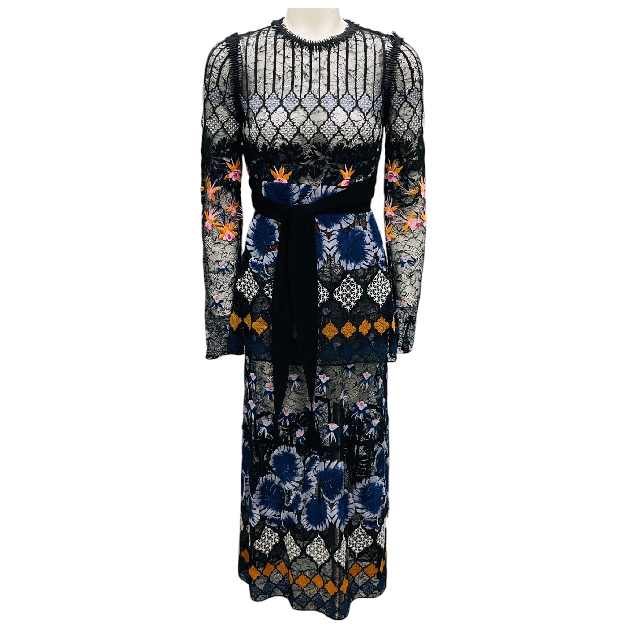Yigal Azrouel Black / Blue Multi Long Sleeved Embroidered Lace Midi Cocktail Dress with Tie