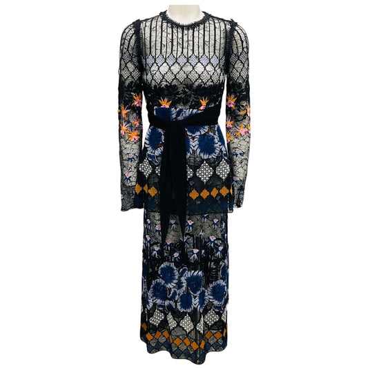 Yigal Azrouel Black / Blue Multi Long Sleeved Embroidered Lace Midi Cocktail Dress with Tie