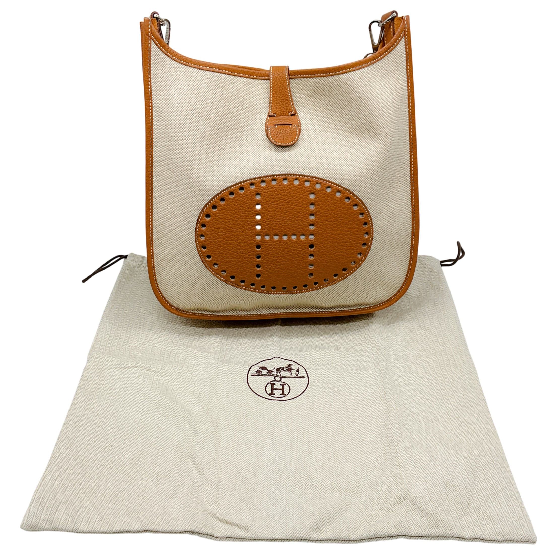 Hermes Beige / Cognac Toile / Clemence Leather Evelyne III GM