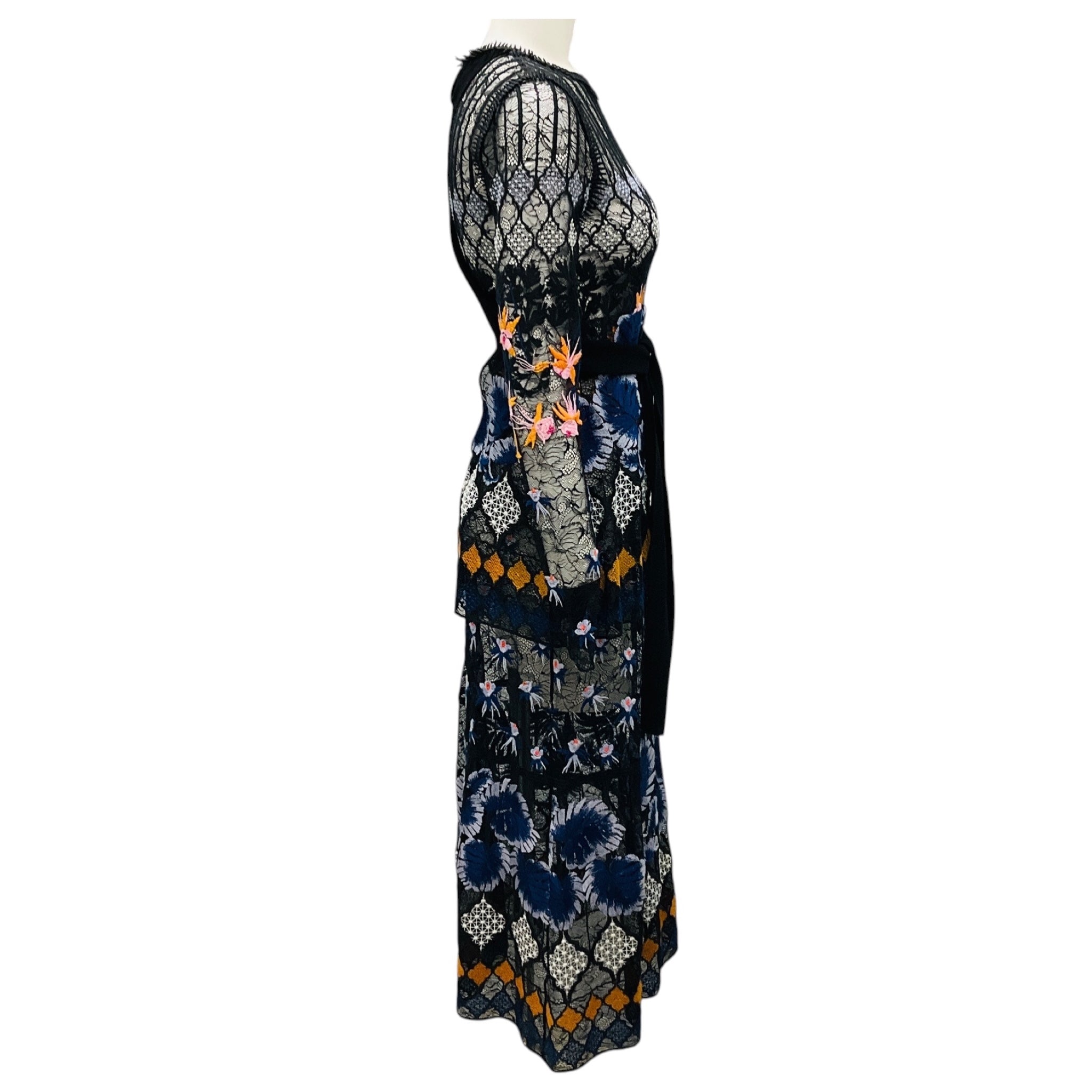 Yigal Azrouel Black / Blue Multi Long Sleeved Embroidered Lace Midi Cocktail Dress with Tie