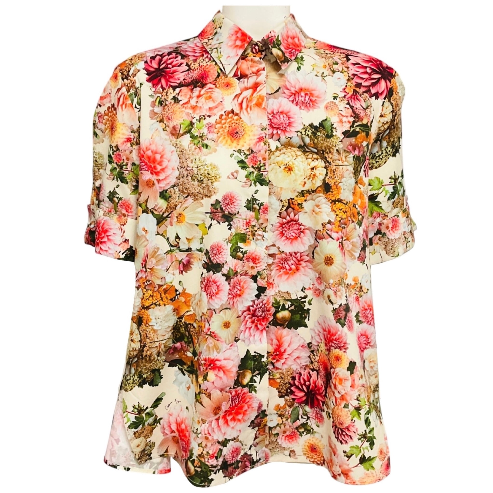 Adam Lippes Cream Multi Floral Printed Short Sleeved Cotton Top