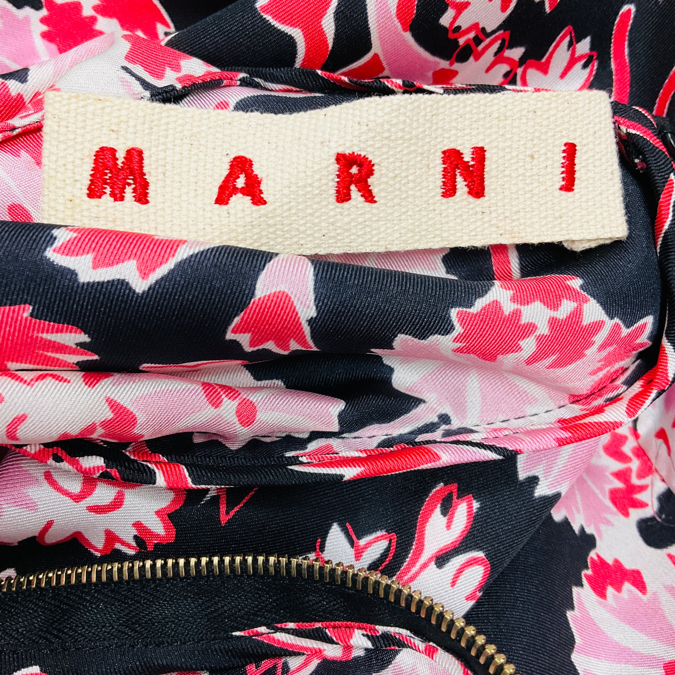 Marni Black / Pink / Red Floral Printed Long Sleeved Silk Mini Dress