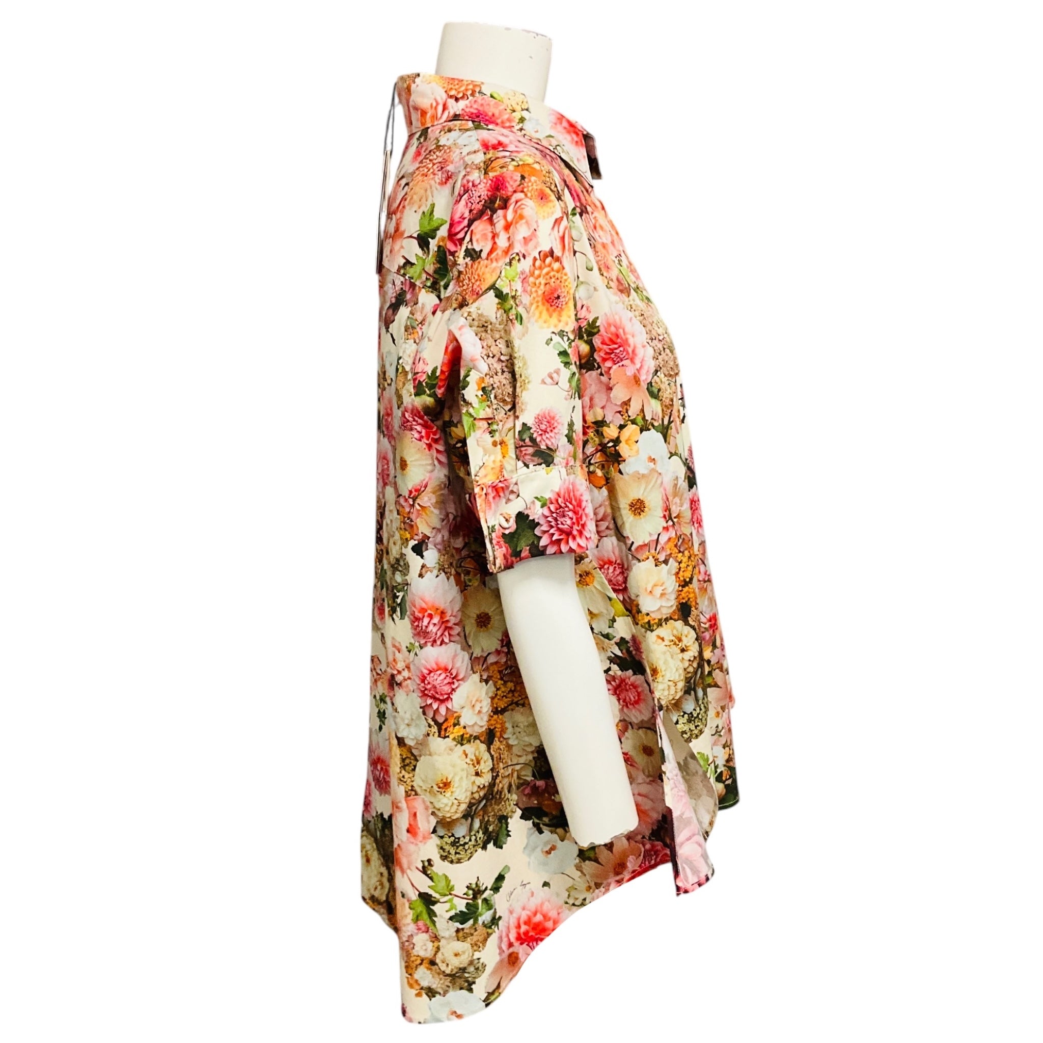 Adam Lippes Cream Multi Floral Printed Short Sleeved Cotton Top