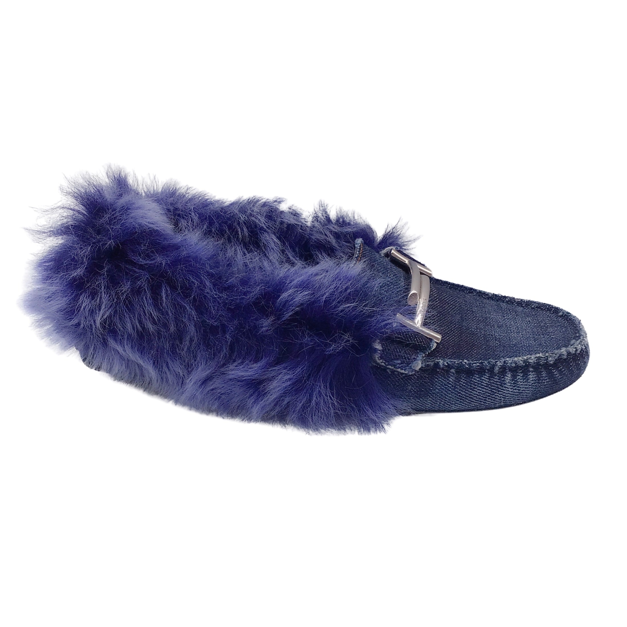 Tod's Blue Gommino Fur Lined Denim Flats / Loafers