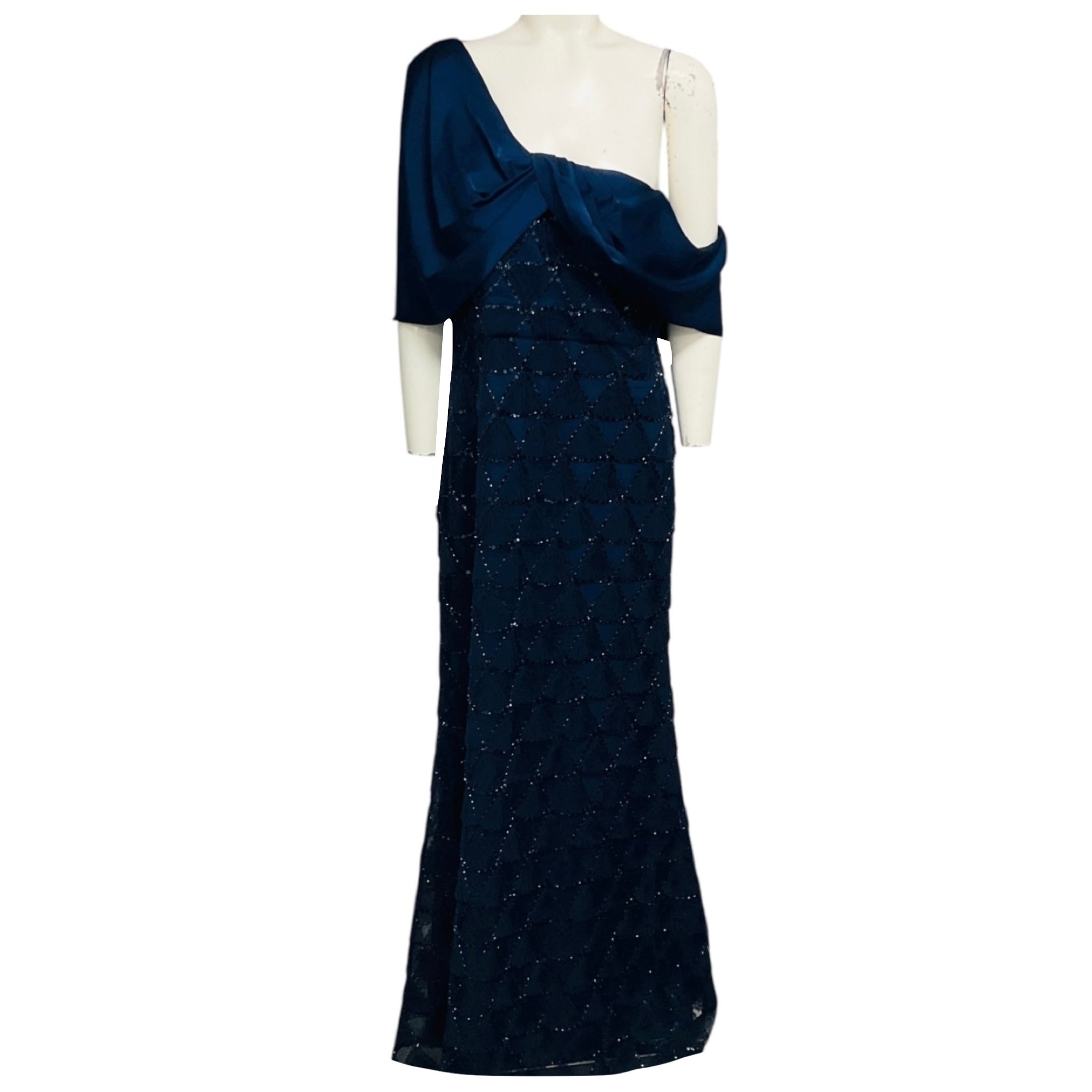 Theia Navy Anabella Textured Tulle Gown