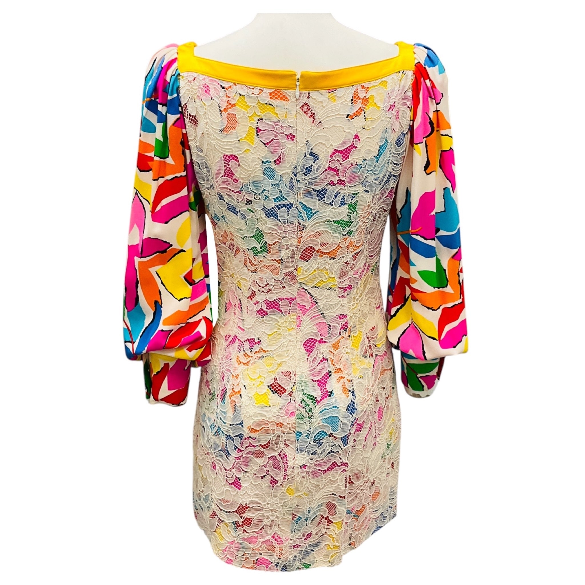 Ungaro Parallele Vintage Ivory Multi Silk Print and Lace Mini Dress