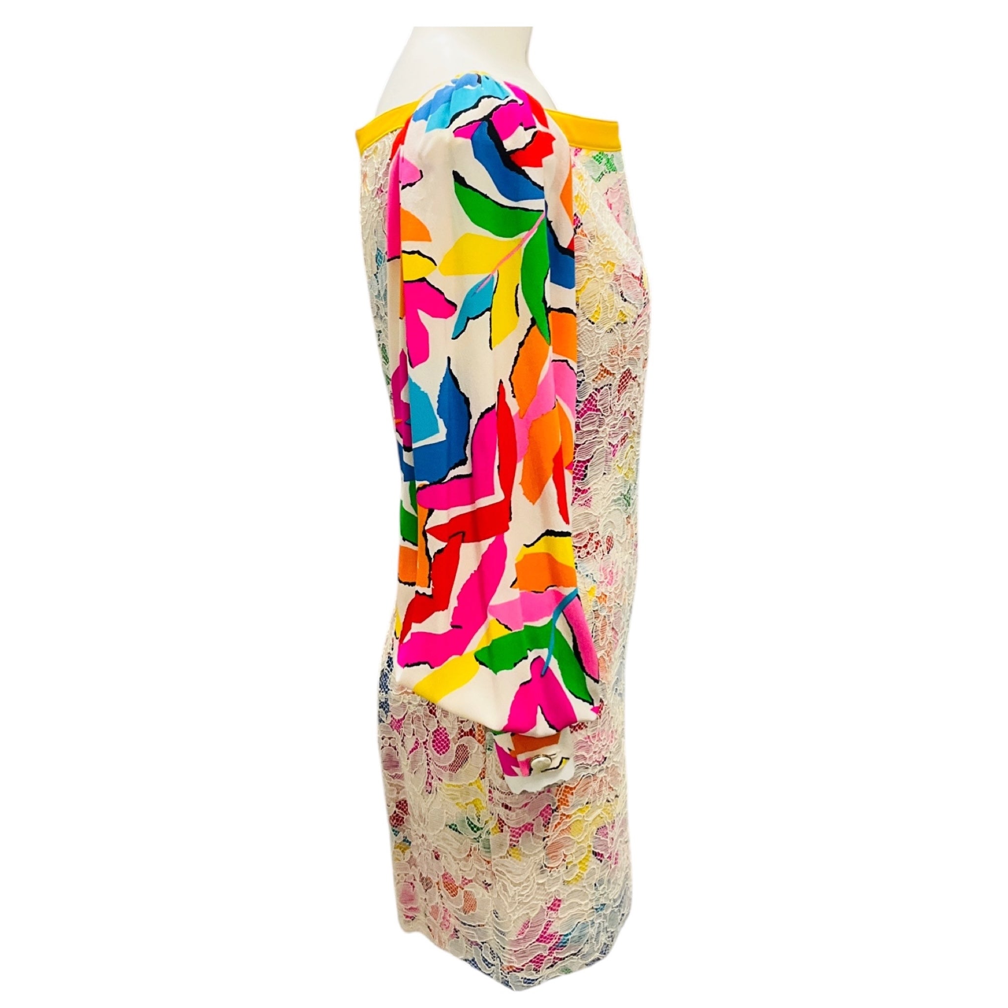 Ungaro Parallele Vintage Ivory Multi Silk Print and Lace Mini Dress