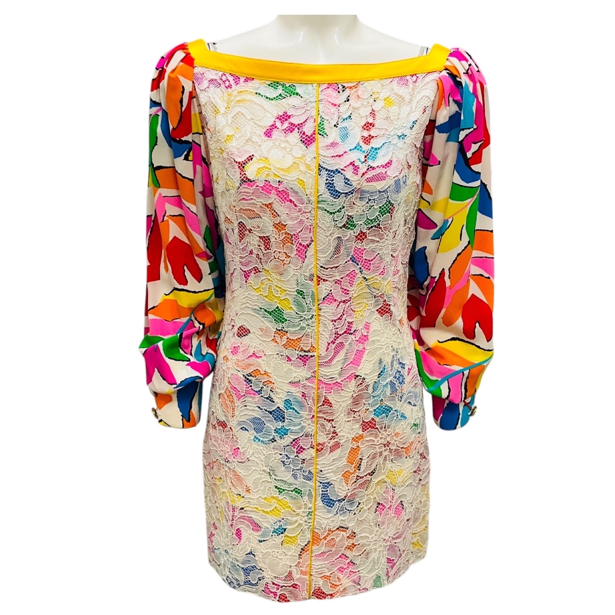 Ungaro Parallele Vintage Ivory Multi Silk Print and Lace Mini Dress