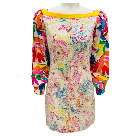 Ungaro Parallele Vintage Ivory Multi Silk Print and Lace Mini Dress