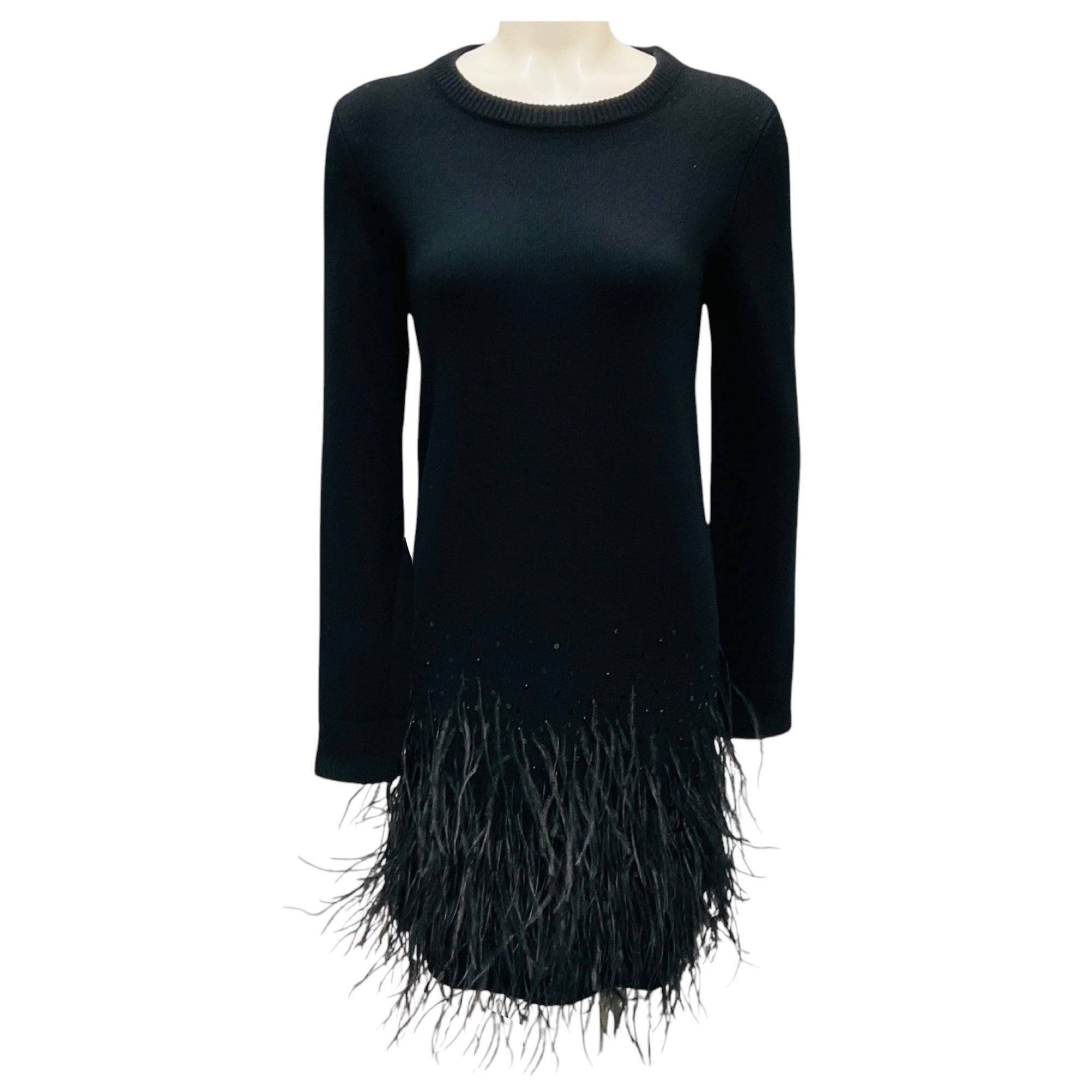 Michael Kors Collection Black Feather Embellished Hem Cashmere Knit Long Sleeved Dress