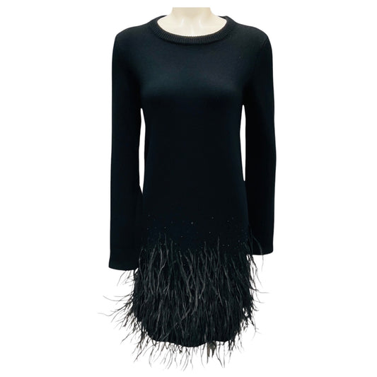 Michael Kors Collection Black Feather Embellished Hem Cashmere Knit Long Sleeved Dress