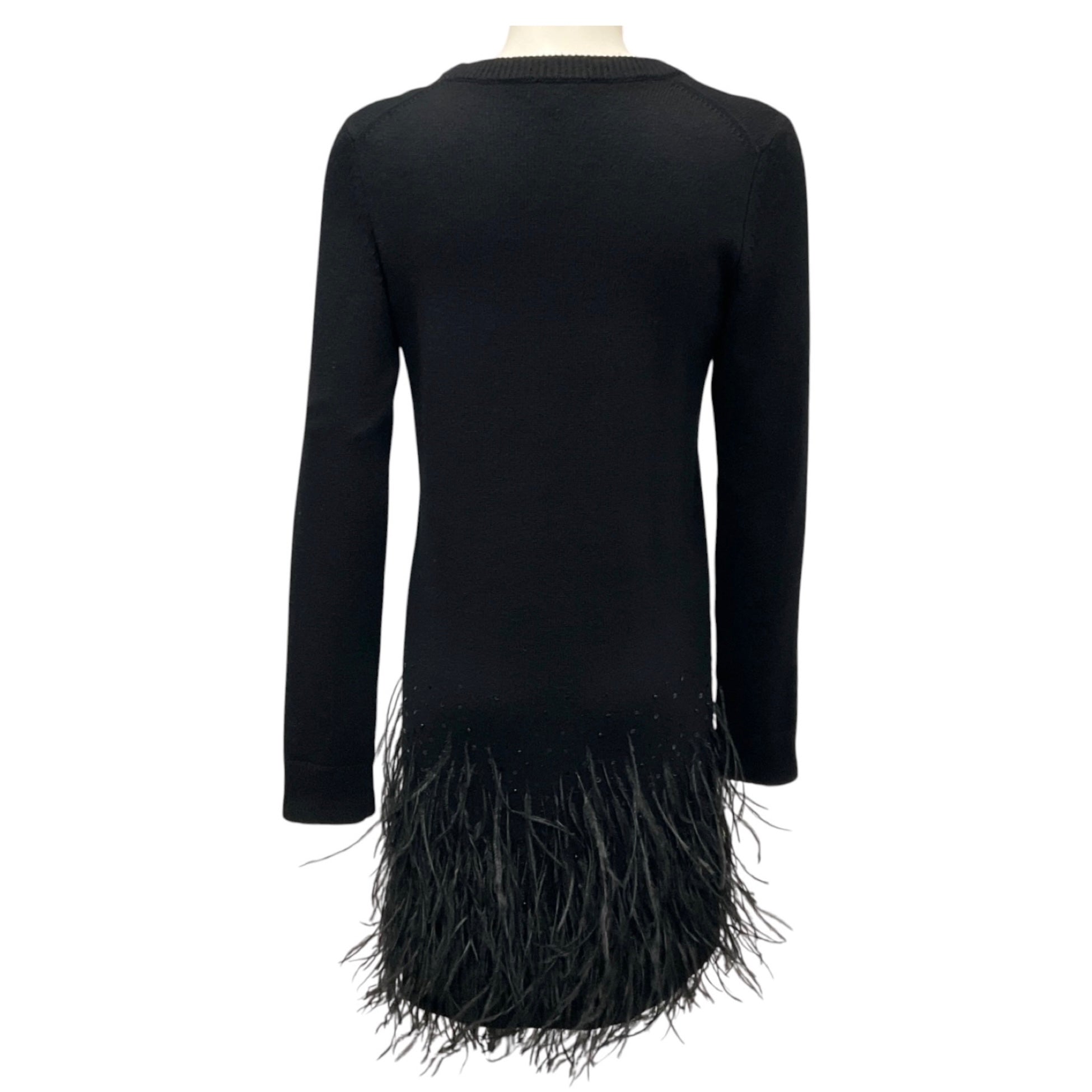 Michael Kors Collection Black Feather Embellished Hem Cashmere Knit Long Sleeved Dress