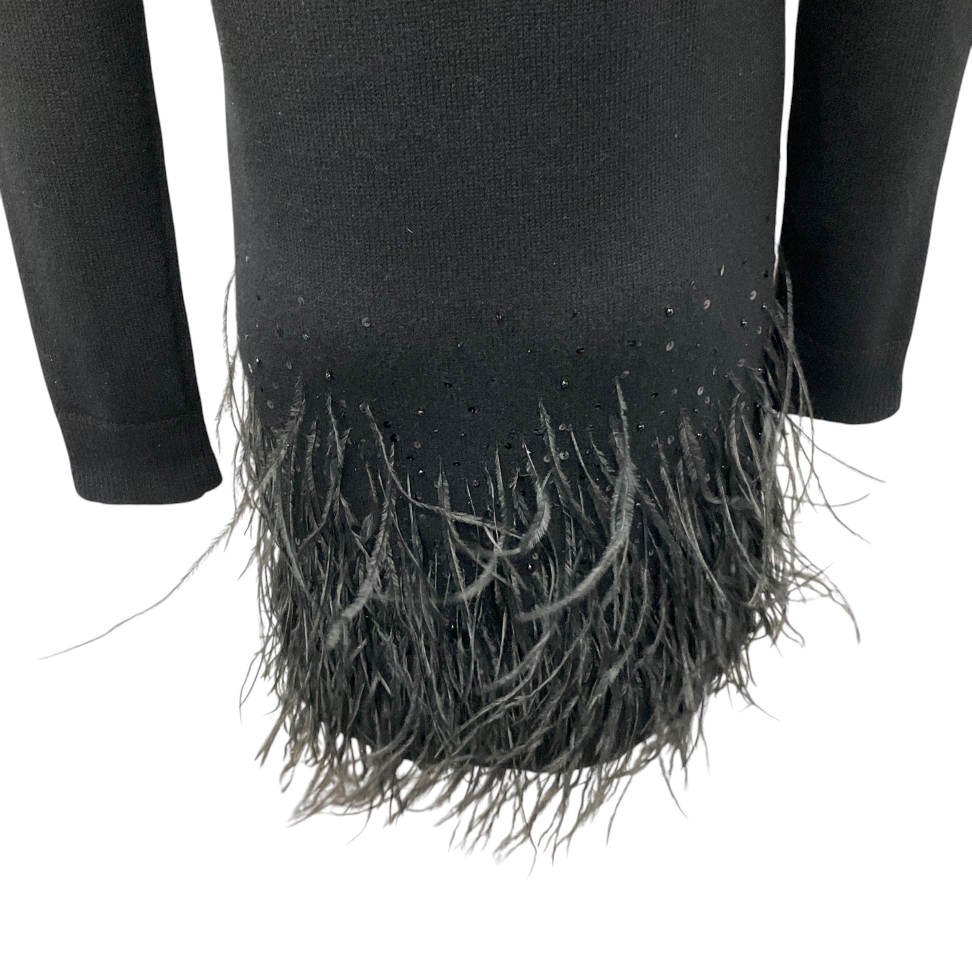 Michael Kors Collection Black Feather Embellished Hem Cashmere Knit Long Sleeved Dress