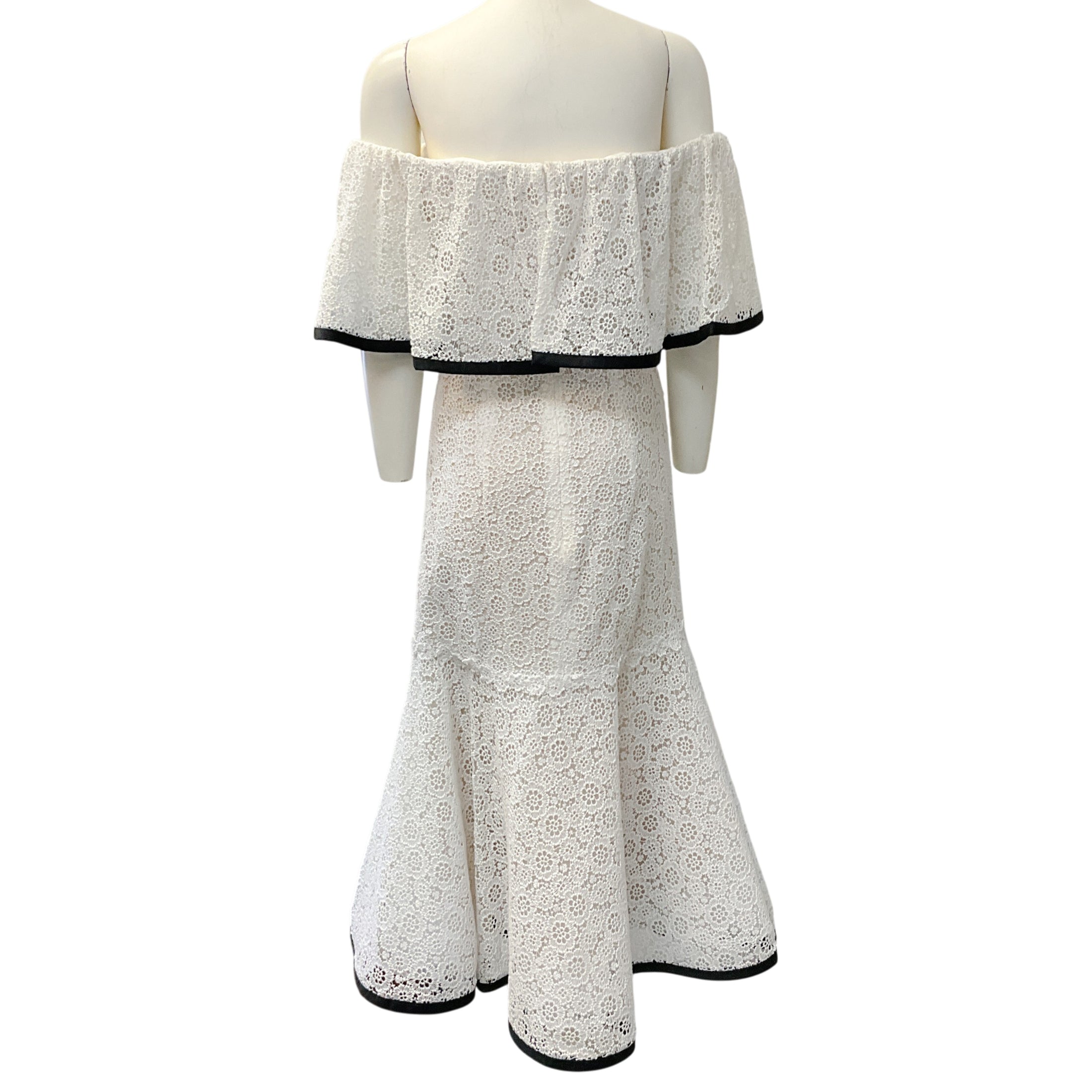 Carolina Herrera White Guipere Lace Off Shoulder Dress with Black Trim