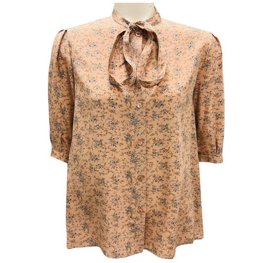 Celine Pink Floral Tie Neck Silk Blouse
