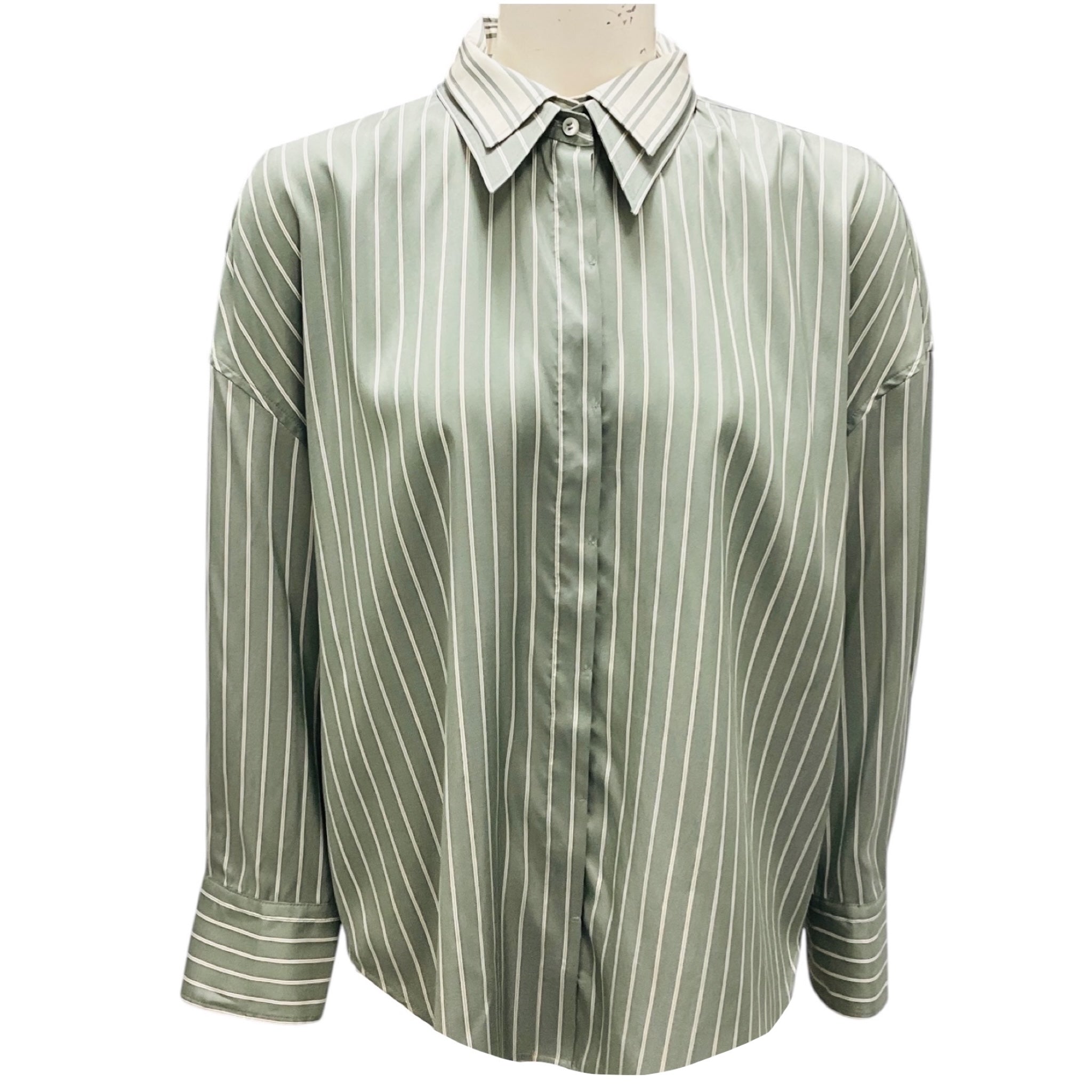 Brunello Cucinelli Green / Beige Striped Silk Shirt