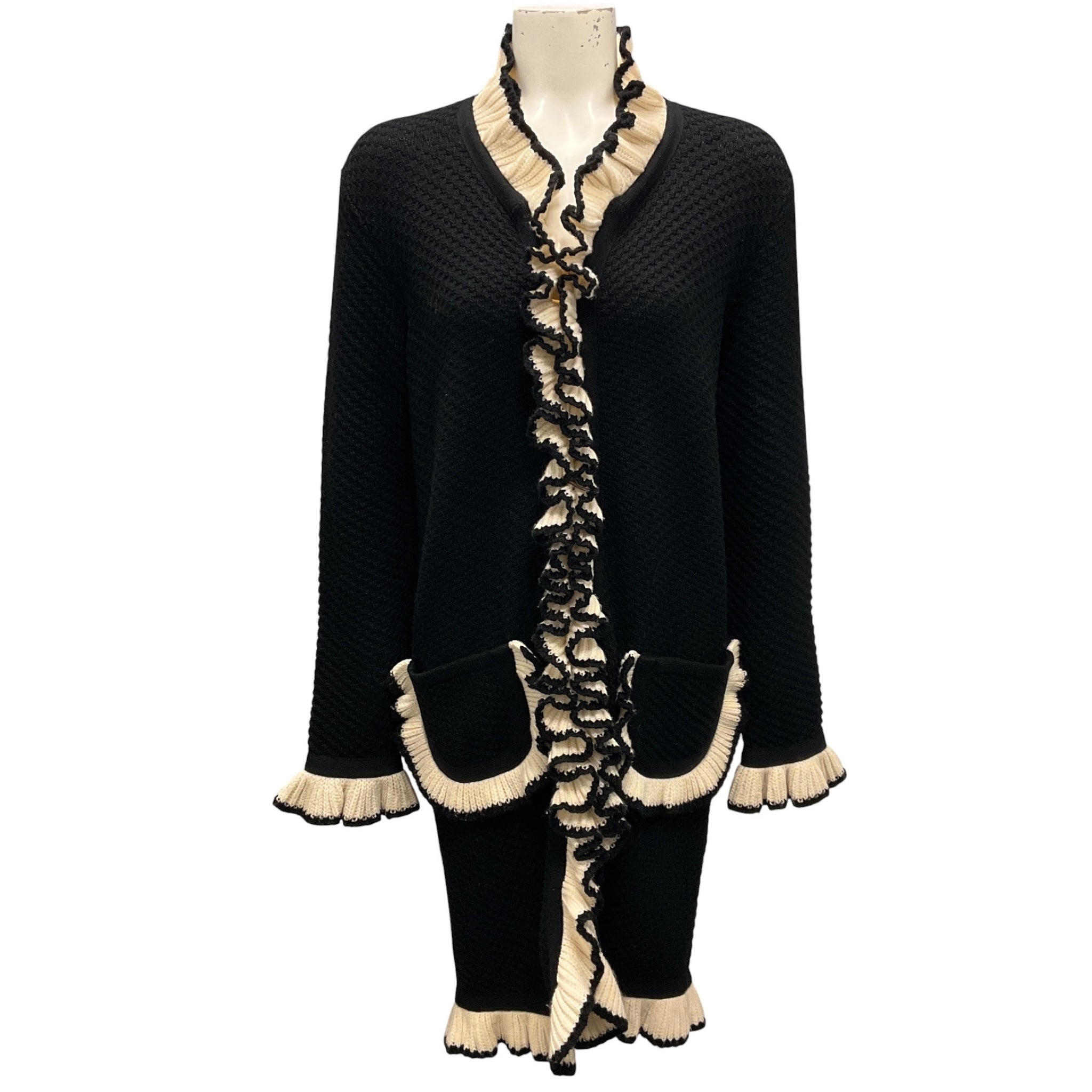 Boutique Moschino Black / Cream Ruffled Wool Knit Long Cardigan Sweater