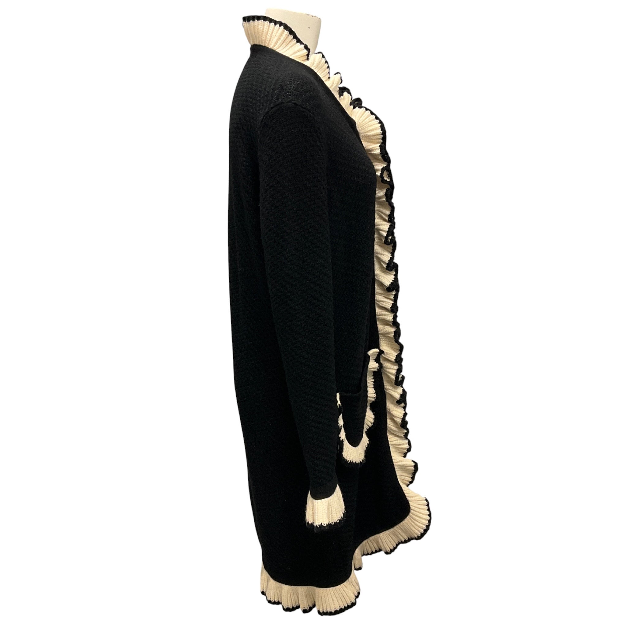 Boutique Moschino Black / Cream Ruffled Wool Knit Long Cardigan Sweater